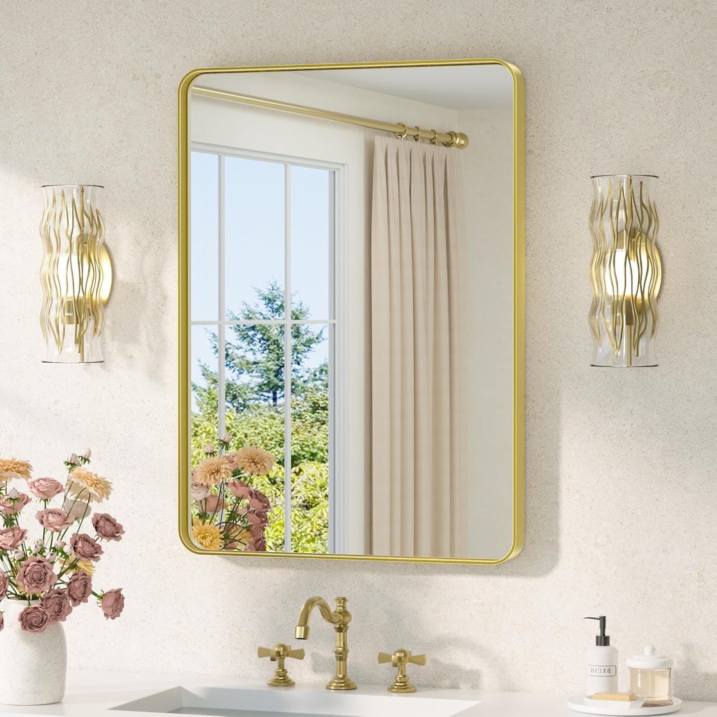TETOTE 22 x 30 Gold Bathroom Mirror Brushed Gold Metal Framed Vanity Mirror, Tempered Glass, Wall Mounted for Bathroom, Entryway, Bedroom, Living Room(Horizontal/Vertical)
