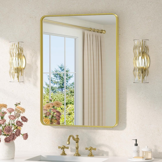 TETOTE 22 x 30 Gold Bathroom Mirror Brushed Gold Metal Framed Vanity Mirror, Tempered Glass, Wall Mounted for Bathroom, Entryway, Bedroom, Living Room(Horizontal/Vertical)