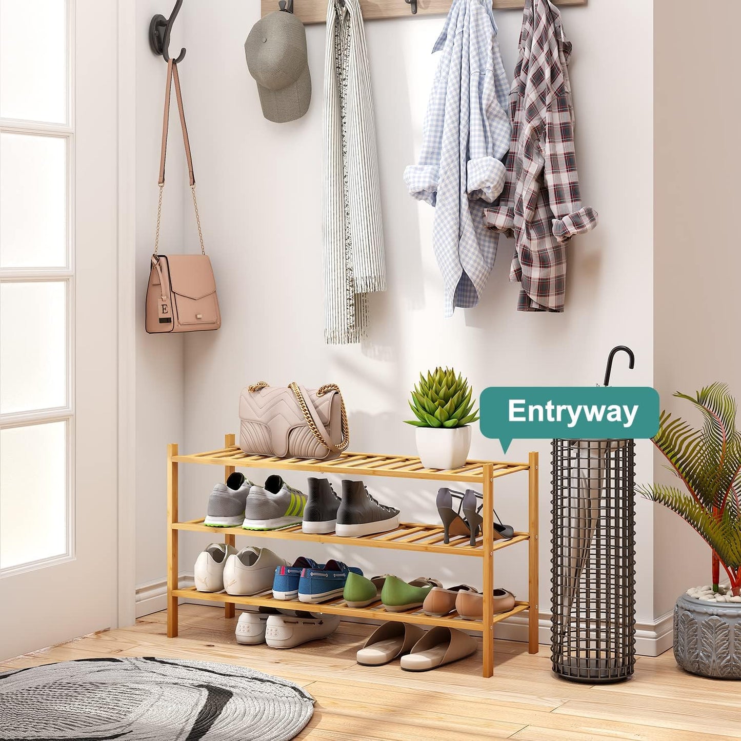 3-Tier Long Shoe Rack, Bamboo Wood Shoe Rack for Closet, Entryway & Hallway, Stackable | Beautiful | Functional | Sturdy