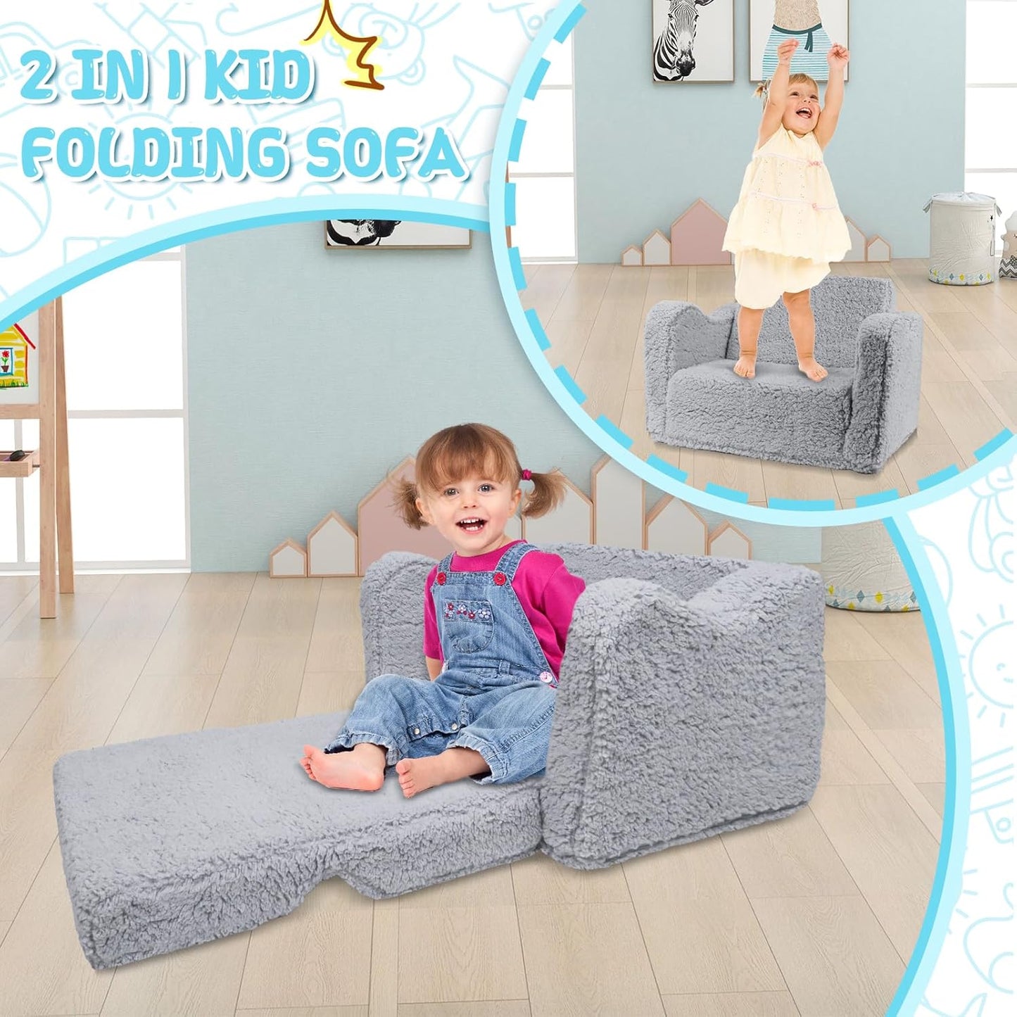 Kids Couch for Toddlers, 2-in-1 Kids Sofa Chair, Comfy Soft Foldable Toddler Couch Chair for Girls and Boys