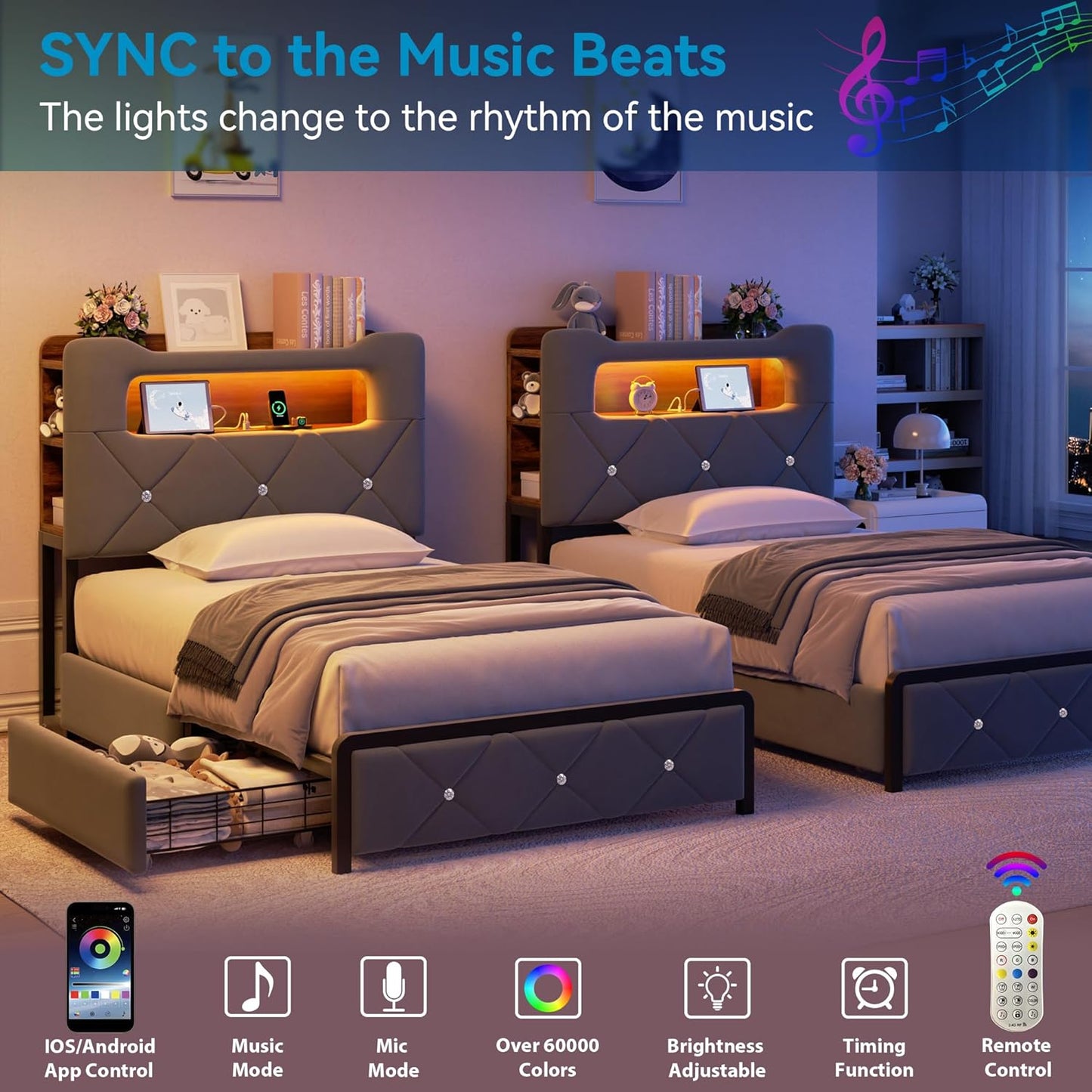 Twin Upholstered LED Bed Frame with 2 Storage Drawers and 2-Tier Storage Bookcase Headboard, Velvet Platform Bed for Kids/Girls/Boys, Corner Bed Frame, Heavy Duty Metal Support, Grey