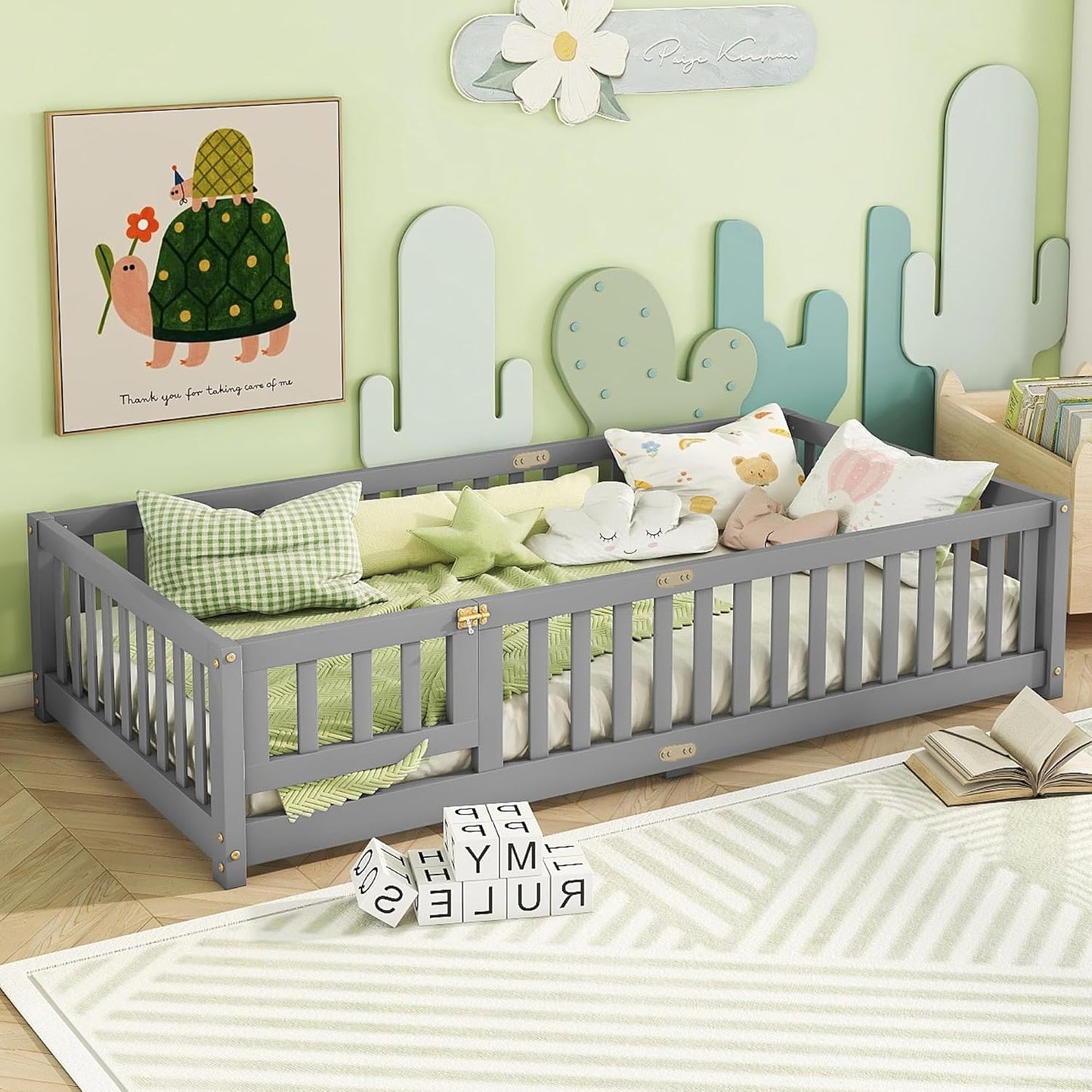 Bellemave Twin Floor Bed with Slats and Safety Guardrails, Kids Montessori Floor Beds with Fence and Door, Easy Assemble Floor Bed for Kids, Girls, Boys, Gray