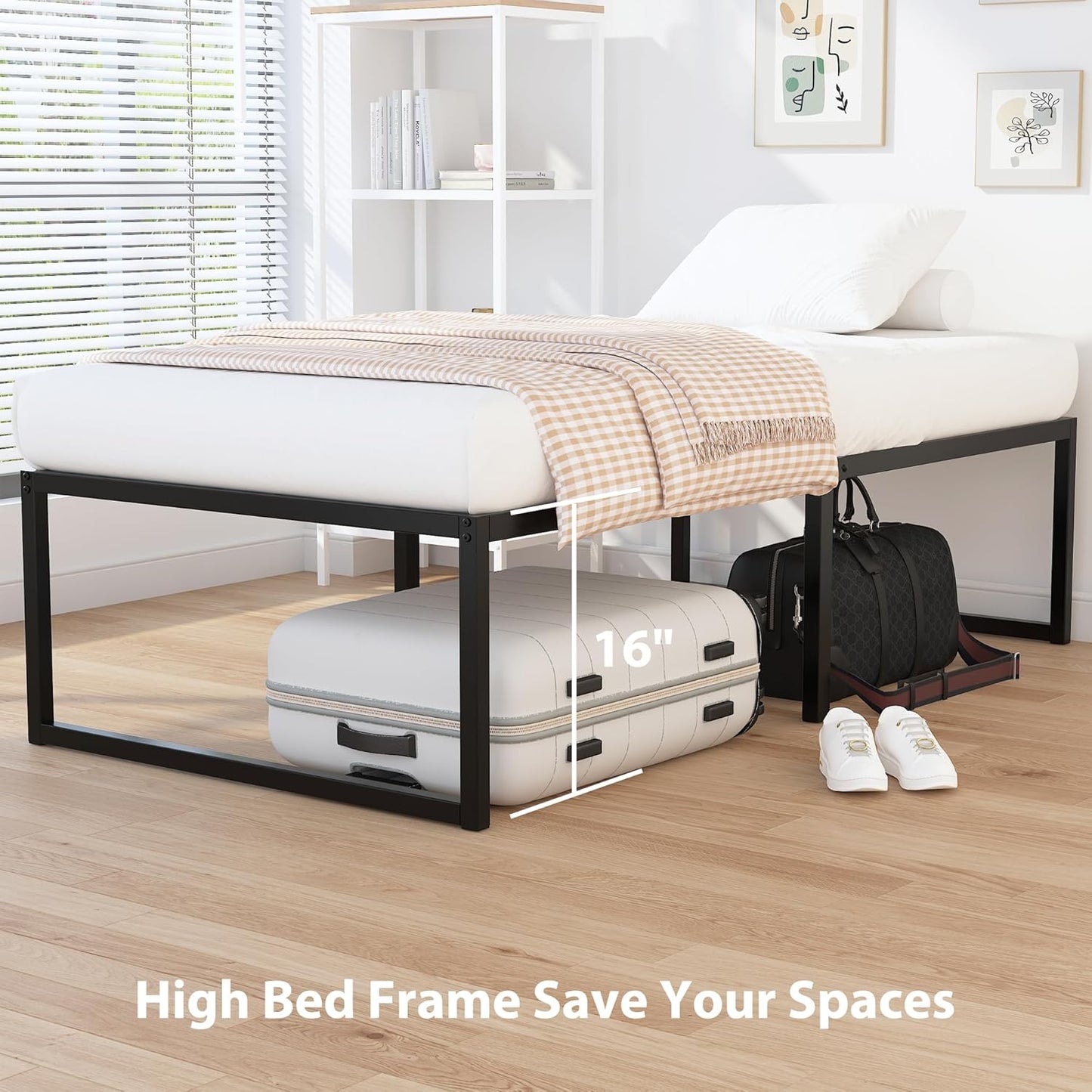 EMODA 16 Inch Narrow Twin Bed Frame 30x75, Heavy Duty Metal Platform No Box Spring Needed, Easy Assembly Noise Free, Black