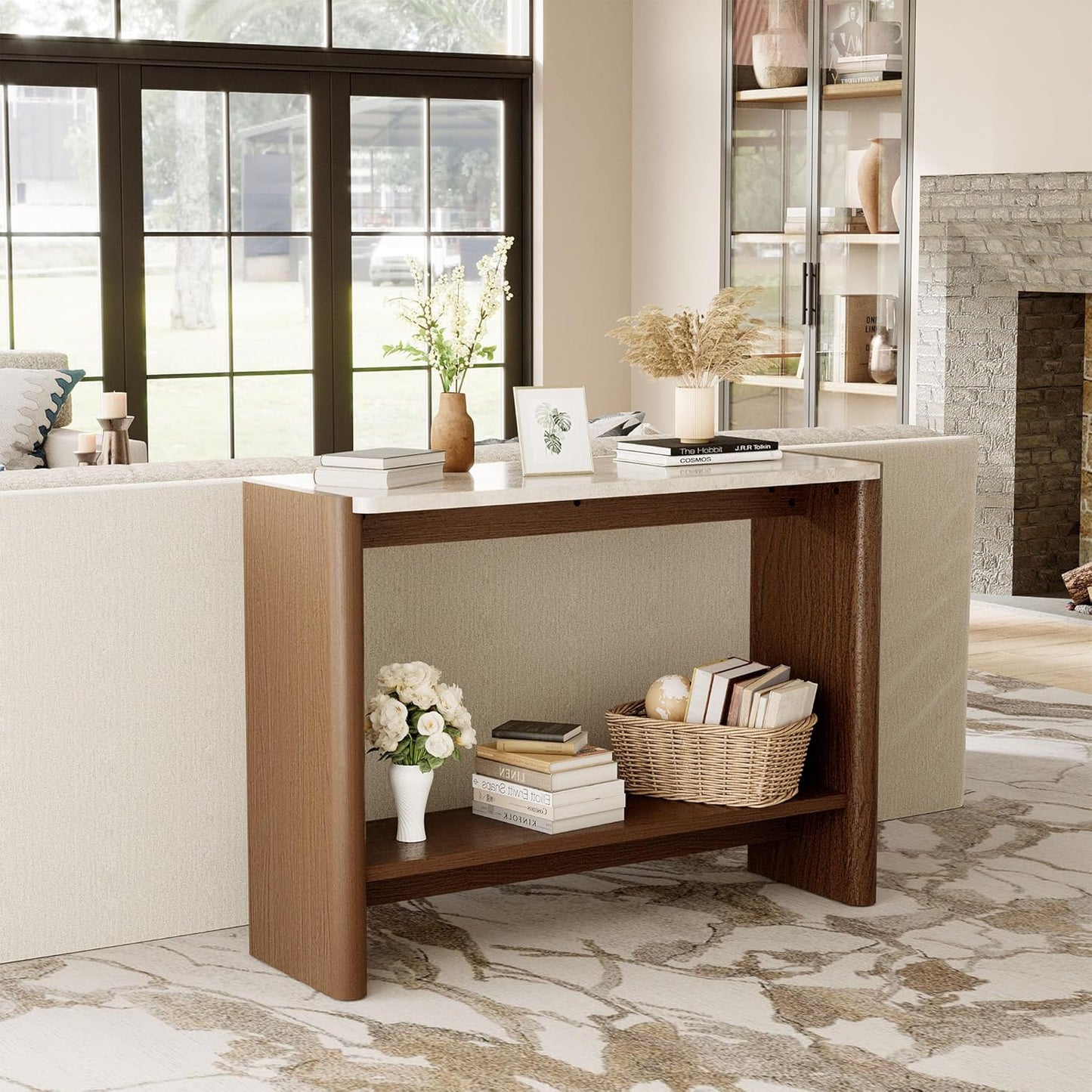 COSIEST 43.3" Farmhouse Console Table for Entryway, 2-Tier Sofa Table with Faux Stone Grain Top, Slim Accent Table for Hallway, Behind Couch, or Living Room, Brown Wood Look