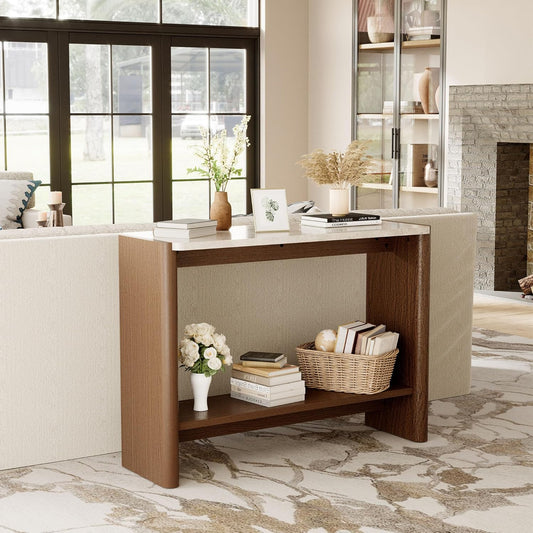 COSIEST 43.3" Farmhouse Console Table for Entryway, 2-Tier Sofa Table with Faux Stone Grain Top, Slim Accent Table for Hallway, Behind Couch, or Living Room, Brown Wood Look