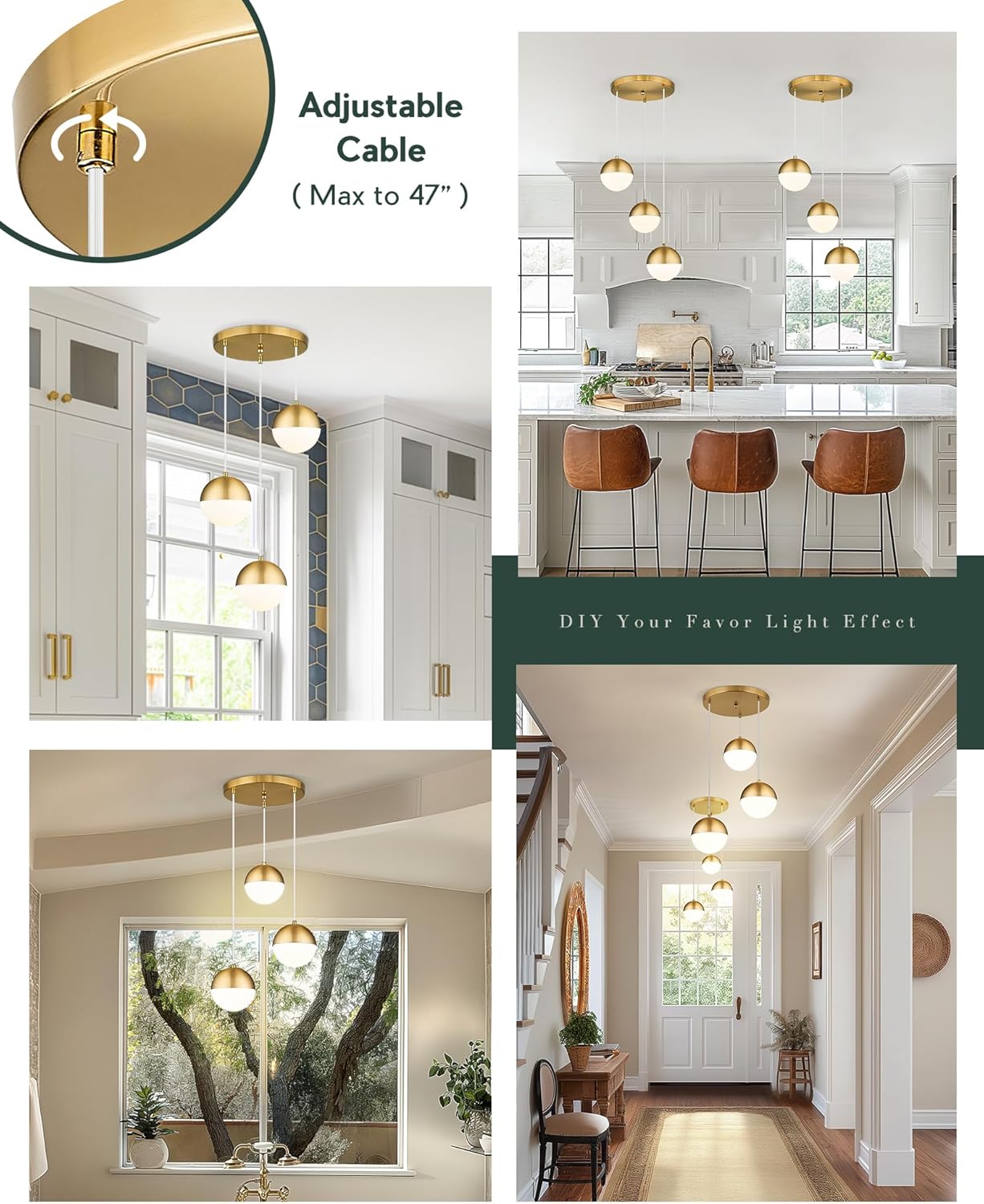 LMS Brushed Gold 3-Light Cluster Pendant Lights, Modern Kitchen Island Lighting with White Globe Glass Shade, Adjustable Hanging Cord Ceiling Light for Bathroom Bedroom Dining Room, LMS-186BG3