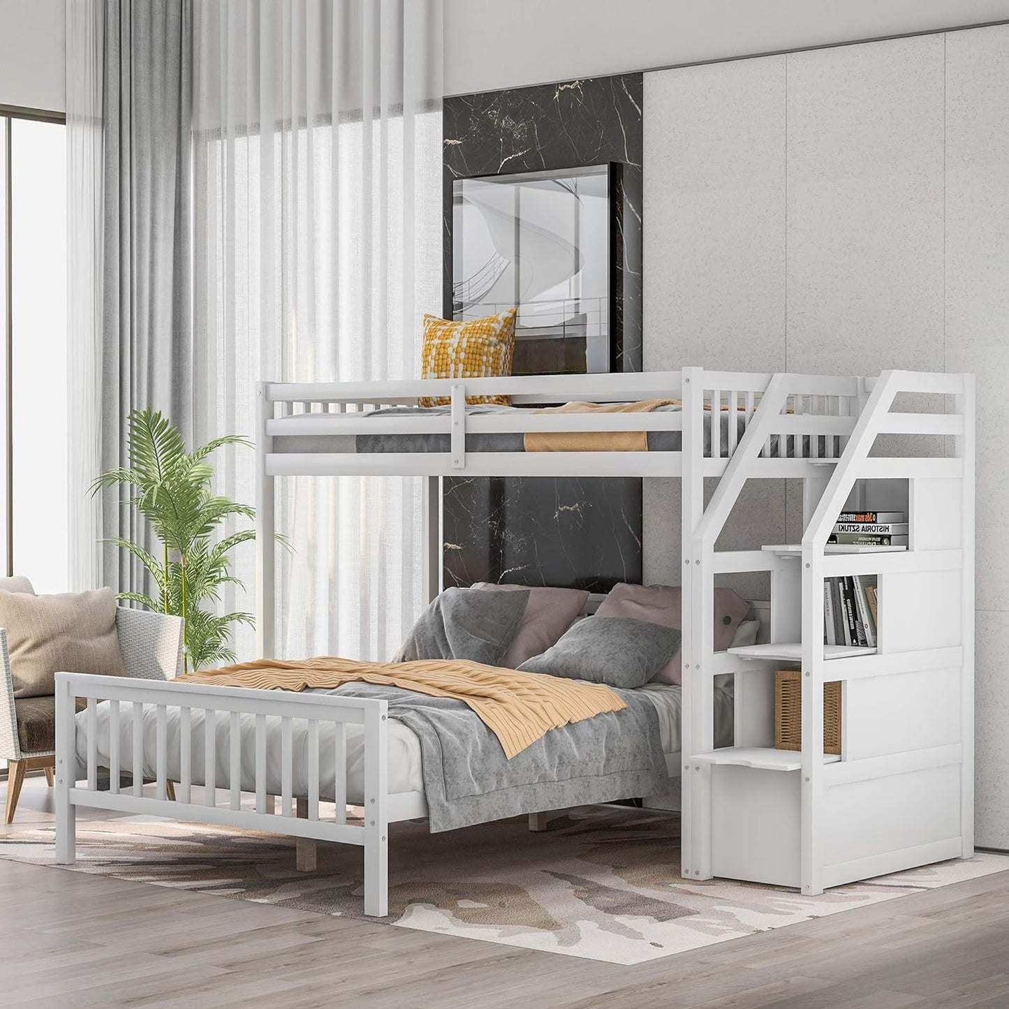 Twin Over Full Wood Loft Bed with Staircase,High Guardrails and Ladder-Handrails,Ladder W/ 3 Storage Grids,Bedroom Furniture for Children,Teens,Adults,White