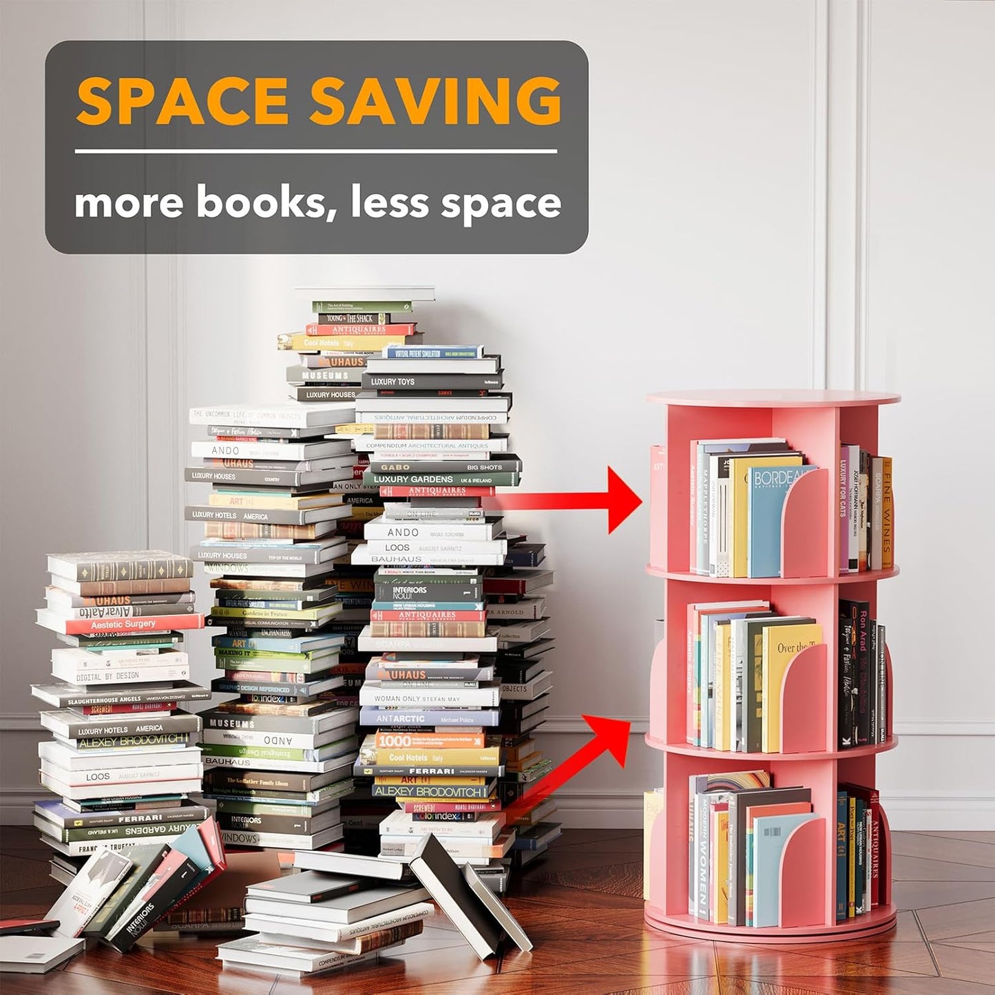 SpaceAid 3 Tier Rotating Bookshelf Tower, Spinning Bookcase Lazy Susan, Revolving 360 Book Shelf Storage Round Carousel, Vertical Rotate Turning Spiral Corner Organizer, Pink