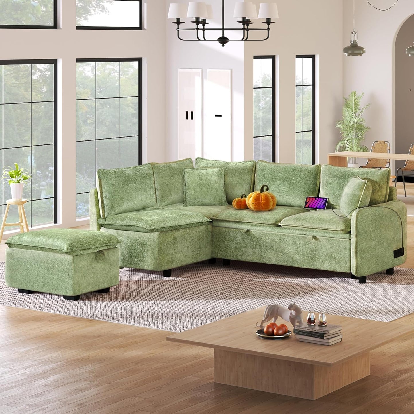 Ball & Cast 82.67" L-Shaped Sectional Pull Out Sofa with Two USB Ports,4-Seater Convertible Couch w/Power Sockets and Movable Storage Ottoman,for Living Room,Apartment,Green