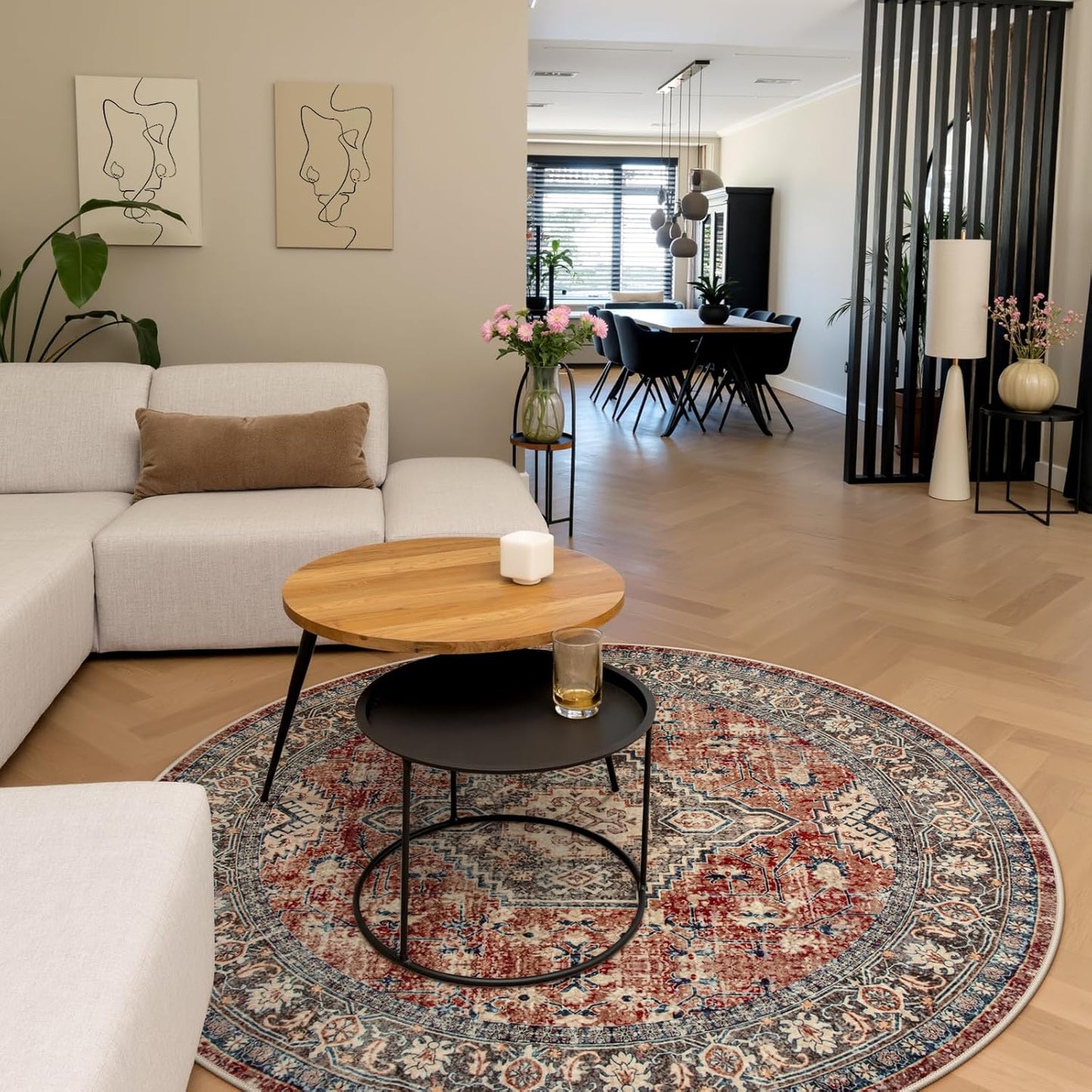 Lahome Oriental Washable Round Area Rug, Non-Slip Round Rugs 6ft Ultra-Thin, Soft Large Throw Circle Carpet for Living Room Bedroom Kitchen Nursery, Brick Red