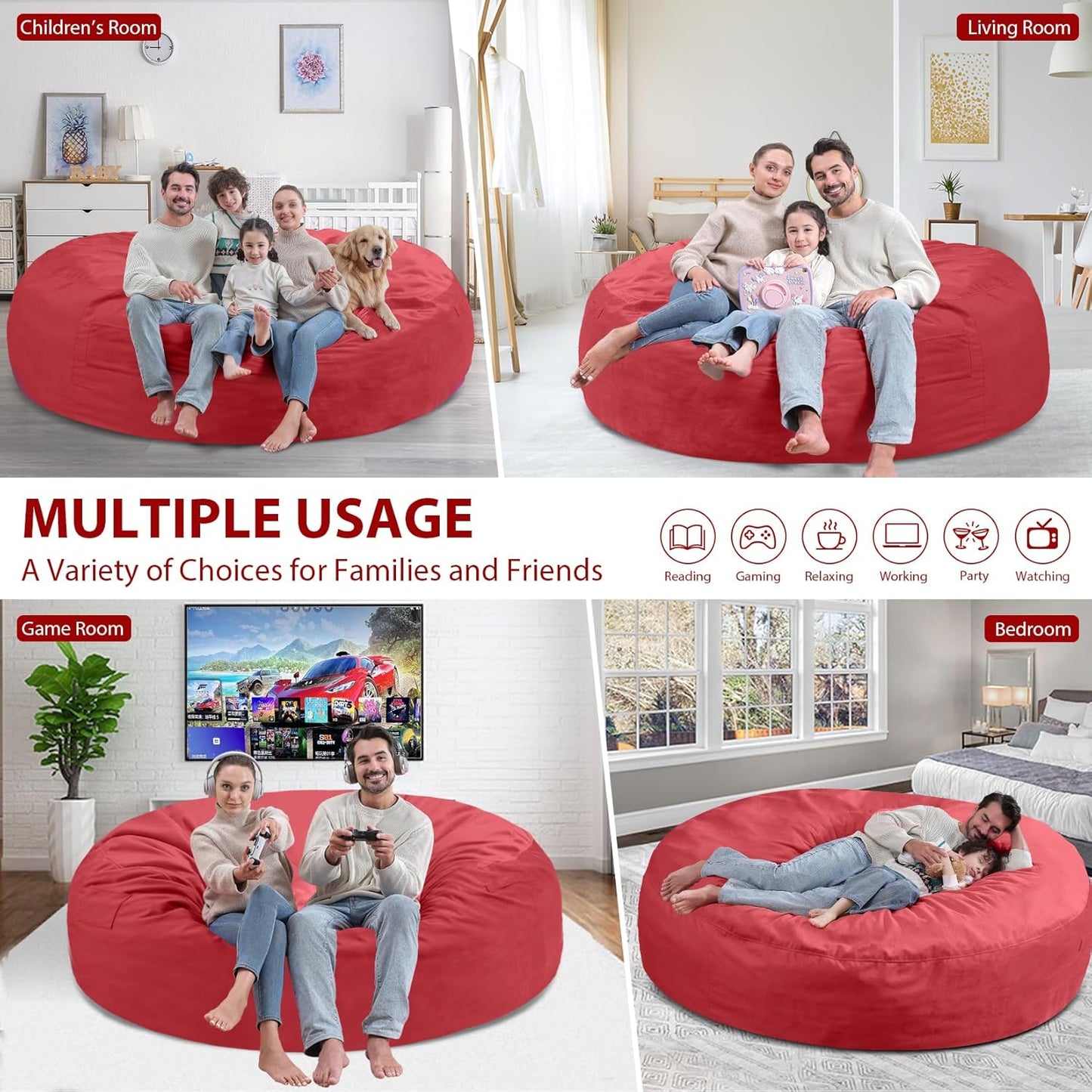7FT Bean Bag Chair, Large Bean Bag Chairs with Memory Foam Filled, Fluffy Beanbag Sofa with Dutch Velvet Cover, Round BeanBag Chairs for Living Room, Playroom - Red