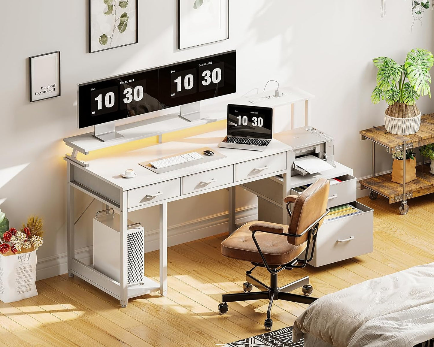 AODK 55 Inch Computer Desk with 3 Drawers and File Cabinet for Storage, Office Desk with Monitor Stand and LED Lights, Home Office Desks, White