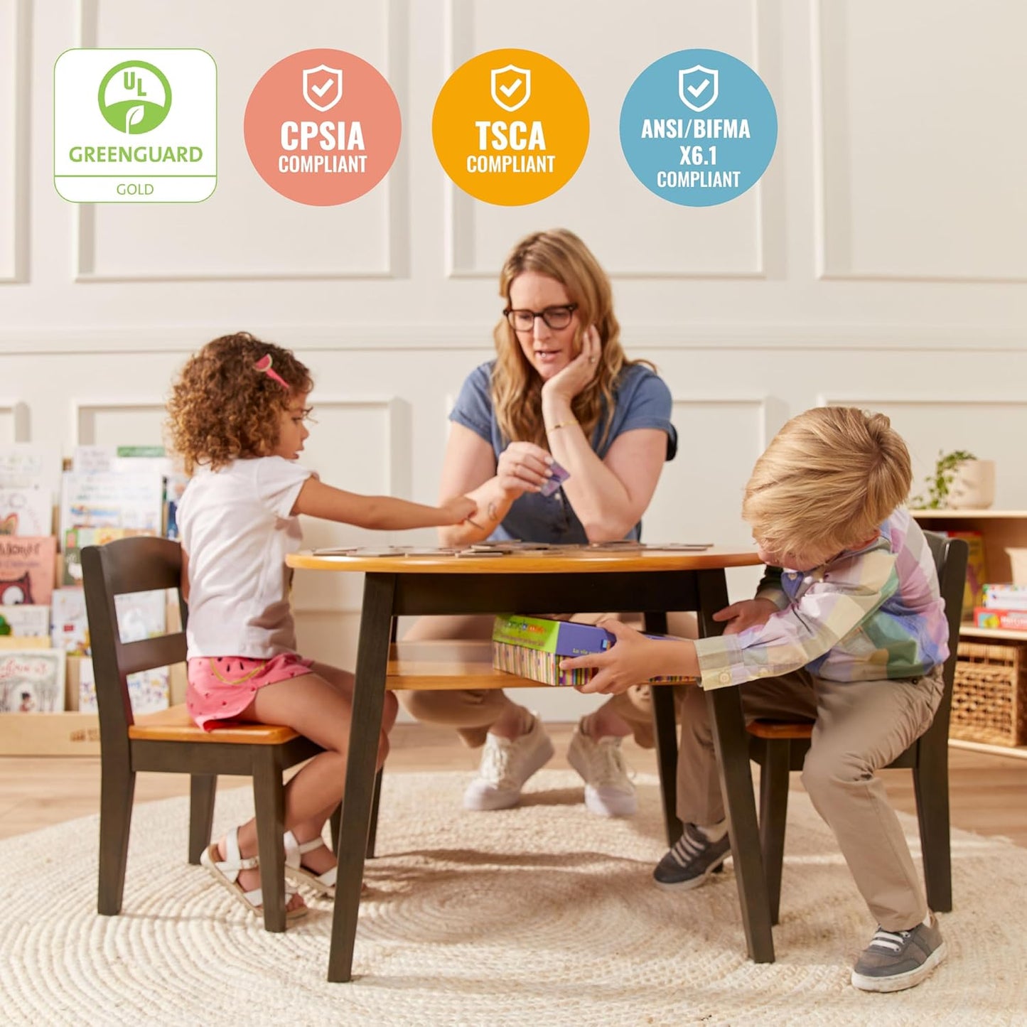 ECR4Kids Hideaway Table and Chair Set, Kids Furniture, Honey/Grey Wash, 3-Piece