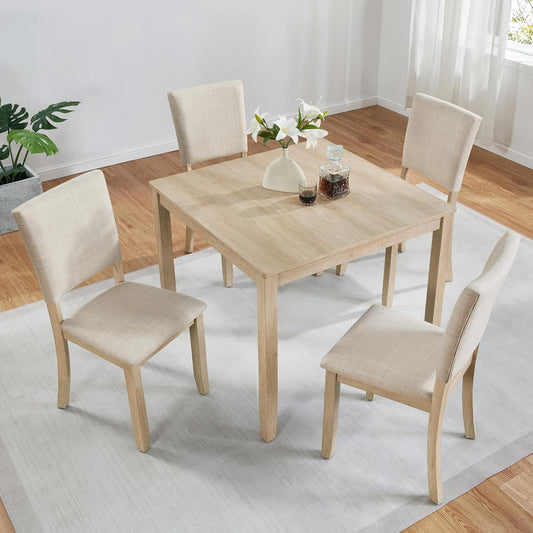 Ball & Cast 5 Piece Dining Table Set with 4 Upholstered Chairs,Wooden Living Room Furniture W/ 34.5" Square Kitchen Desk & Backrest Chair,for Small Space,Dining Room,Liaght Oak & Beige