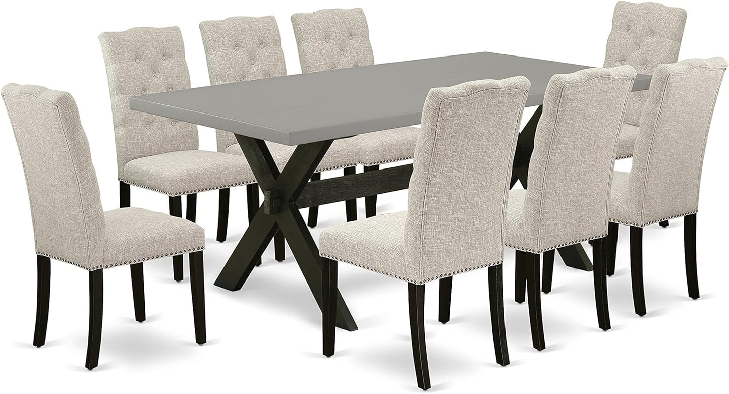 East West Furniture X697EL635-9 9 Piece Dining Set Includes a Rectangle Dining Room Table with X-Legs and 8 Doeskin Linen Fabric Upholstered Parson Chairs, 40x72 Inch, Multi-Color