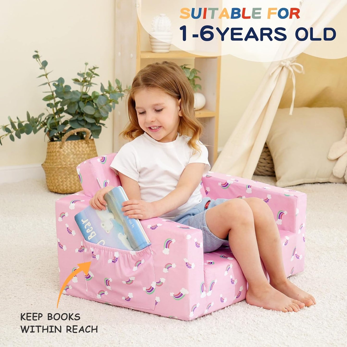 MallBest Kids Sofas Toddler Couch Bed Baby's Upholstered Chair Sleepover Couch Flipout Open Recliner(Pink/Rainbow)…