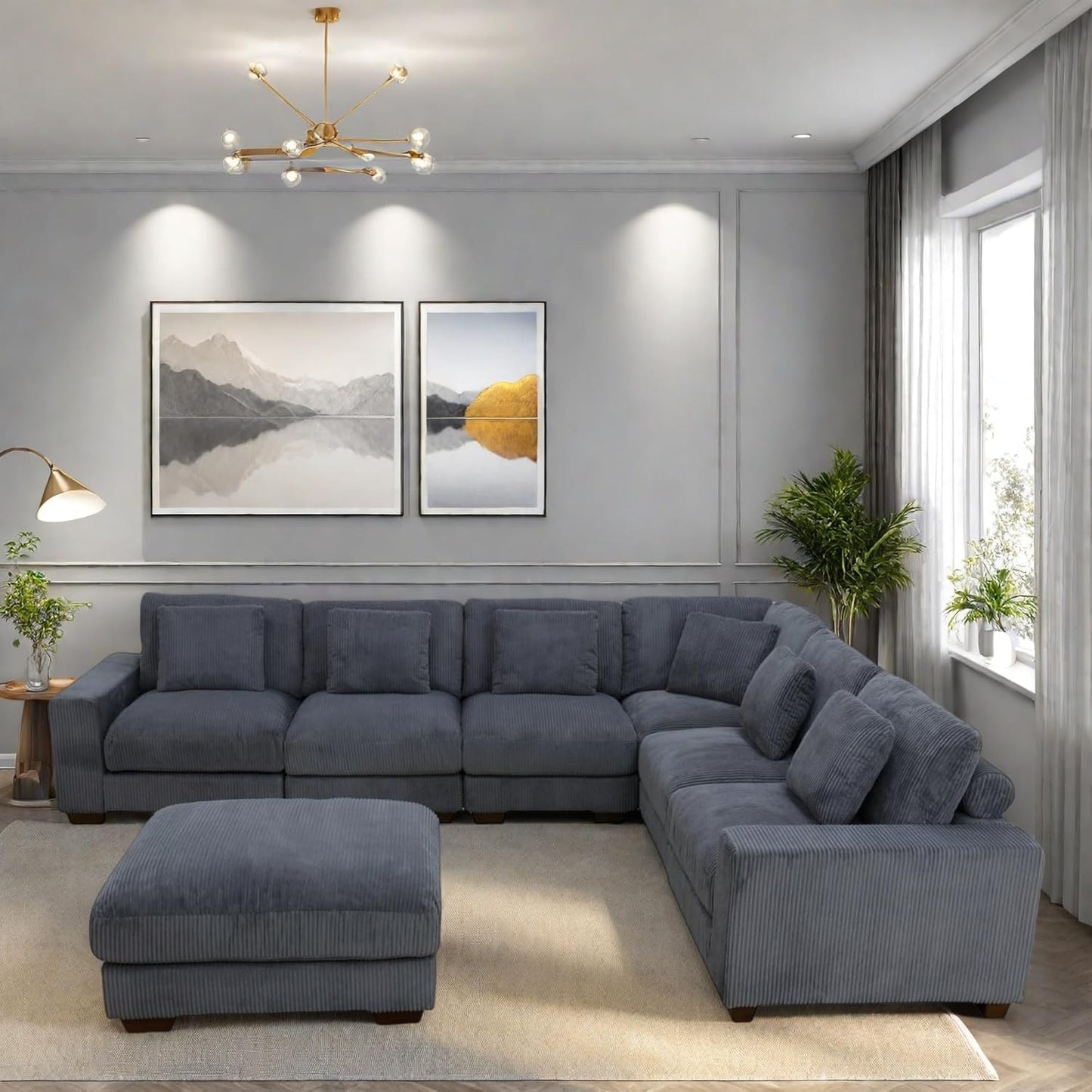 L Shaped Sectional Couches for Living Room, Stylish Sectional Loveseat Sofa with Ottoman & Deep Seats, Living Room Furniture Home Sofa for Adults, Steel Gray