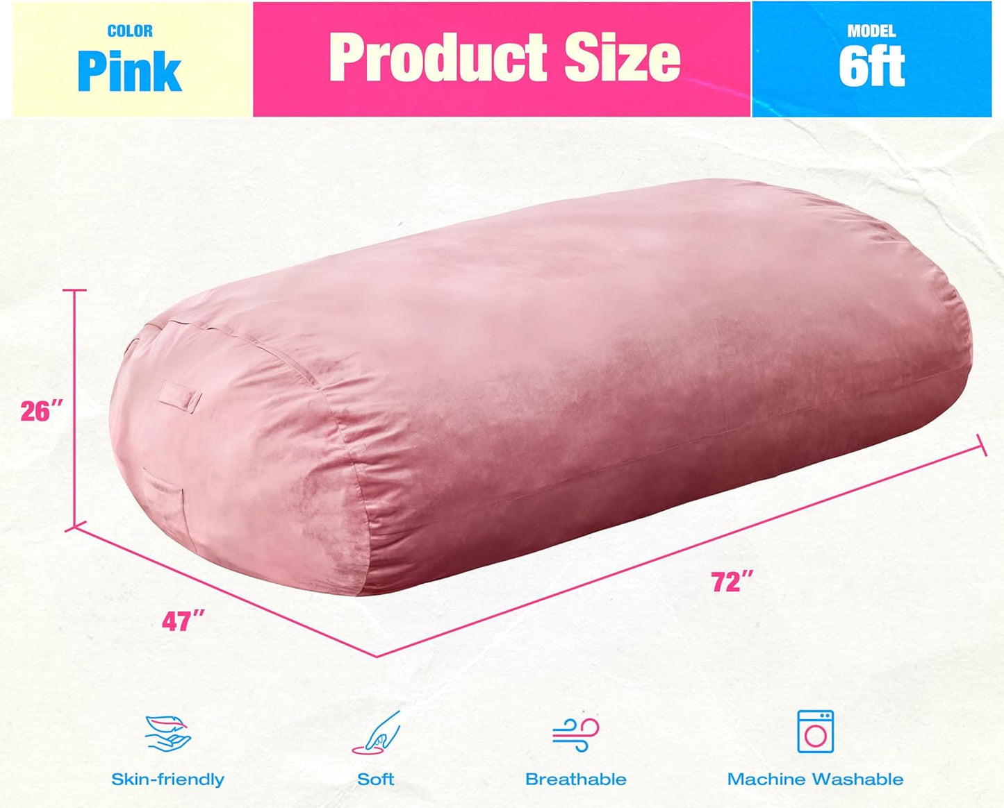 Hobestluk 6FT Bean Bag Chair Large Beanbag Lounger with Removable Cover Adult Bean Bag Chair with Portable Handle Desgin for Living Room Bedroom (Pink, 6FT)