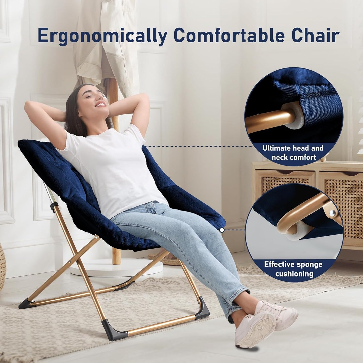 Comfy Oversized Saucer Chair, Soft Faux Fur Reading Lounge Chair for Adults, Stable X-Large Metal Frame and Non-Slip Pad, Foldable Cozy Chairs for Bedroom, Living Room, Dorm, Office, Blue