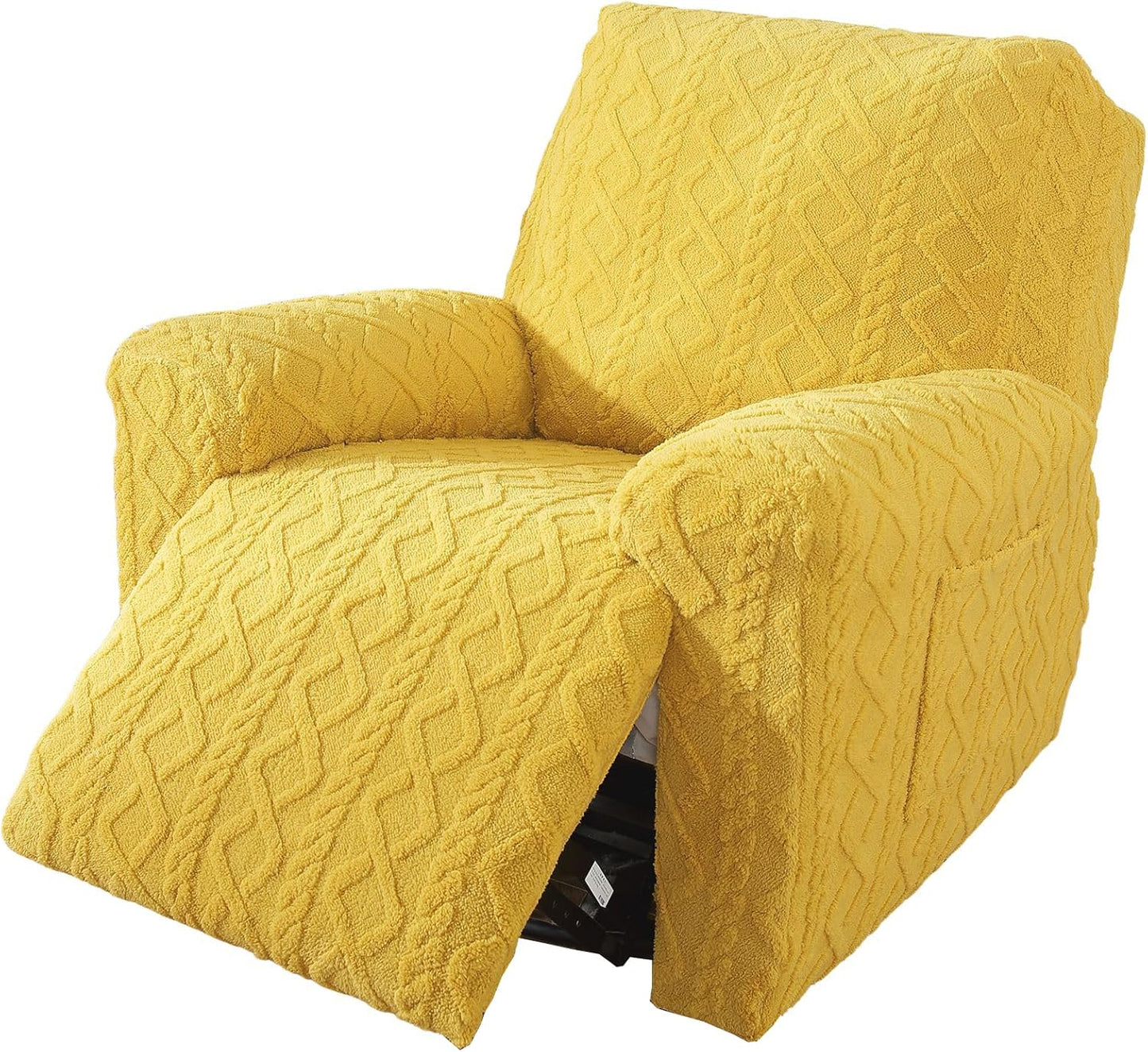 vctops 4 Pieces Geometric Jacquard Plush Recliner Slipcovers Soft Fuzzy Fluffy Sofa Couch Cover Anti-Slip Furniture Protector with Elastic Bottom for Kids Cats Dogs(Yellow,1 Seat)