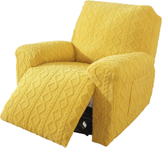 vctops 4 Pieces Geometric Jacquard Plush Recliner Slipcovers Soft Fuzzy Fluffy Sofa Couch Cover Anti-Slip Furniture Protector with Elastic Bottom for Kids Cats Dogs(Yellow,1 Seat)