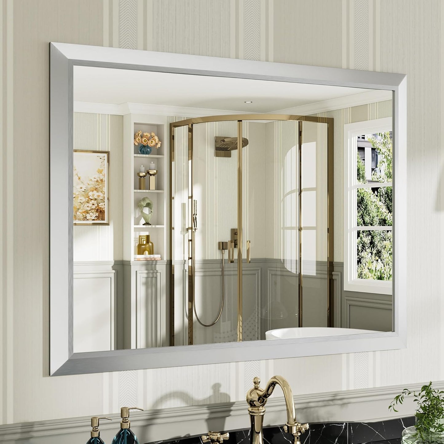 40x30 Inch Silver Bathroom Mirror for Wall, Thick Metal Framed Rectangle Mirrors for Over Sink, Bedroom, Living Room, Entryway, Anti-Rust, HD Tempered Glass