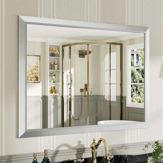 40x30 Inch Silver Bathroom Mirror for Wall, Thick Metal Framed Rectangle Mirrors for Over Sink, Bedroom, Living Room, Entryway, Anti-Rust, HD Tempered Glass