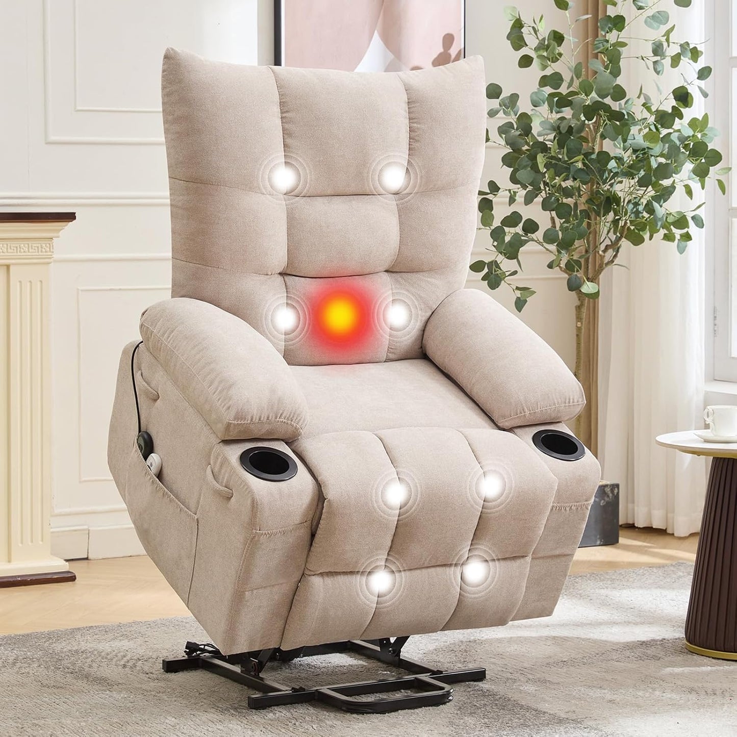 GarveeHome Power Lift Recliner Chair for Elderly with Massage and Heat, Oversized Electric Massage & Heat Recliner with Soft Padded Upholstery, Side Pocket & Cup Holders for Living Room, Beige