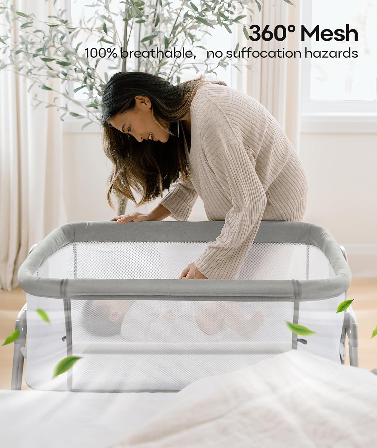 Fodoss Bedside Bassinet for Baby with Wheels, All Mesh Bedside Crib with Storage Basket, Hight Adjustable and Easy Assembly