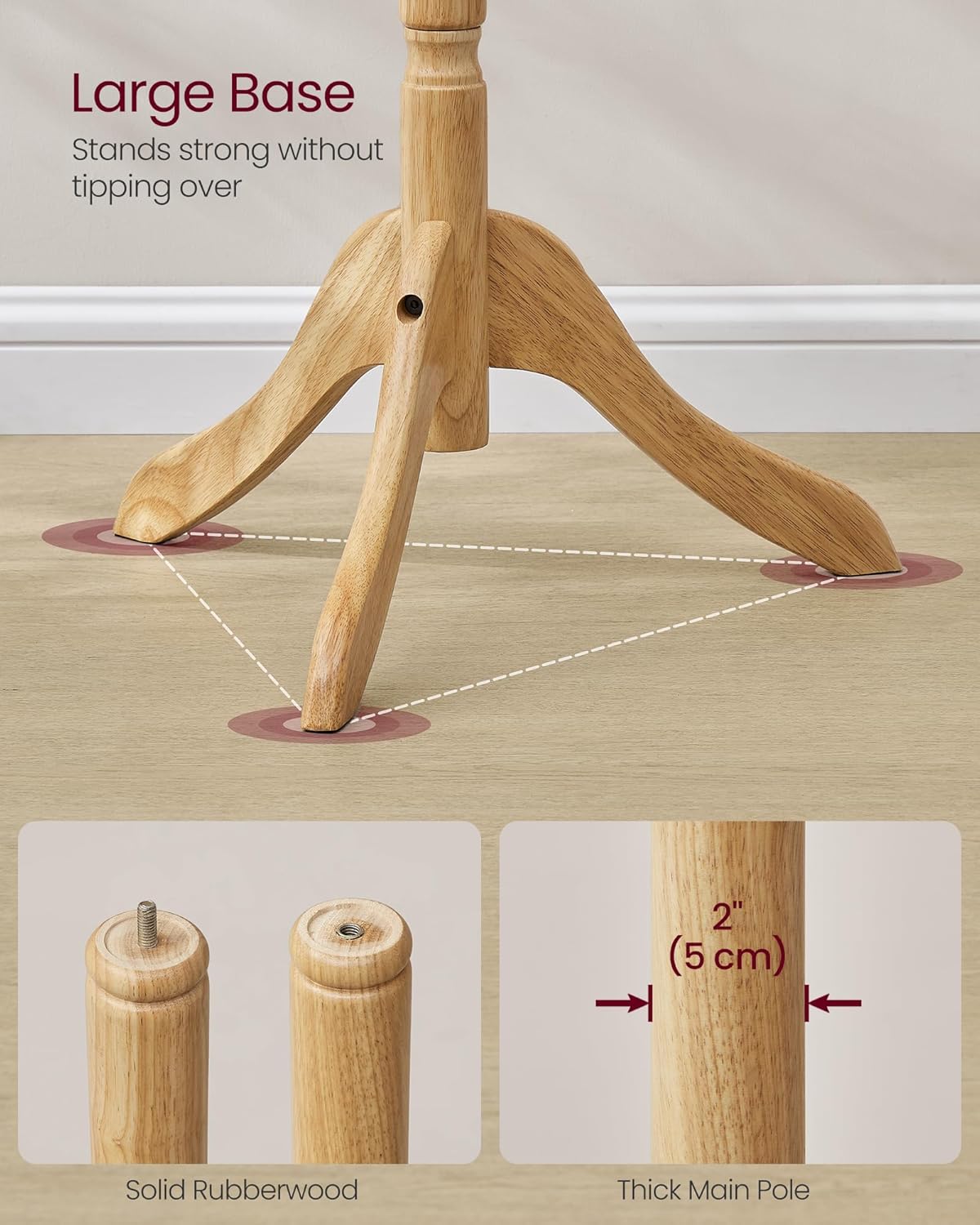 VASAGLE Solid Wood Coat Rack and Stand, Free Standing Hall Coat Tree with 10 Hooks for Hats, Bags, Purses, for Entryway, Hallway, Rubberwood, Natural Beige URCR003Y01