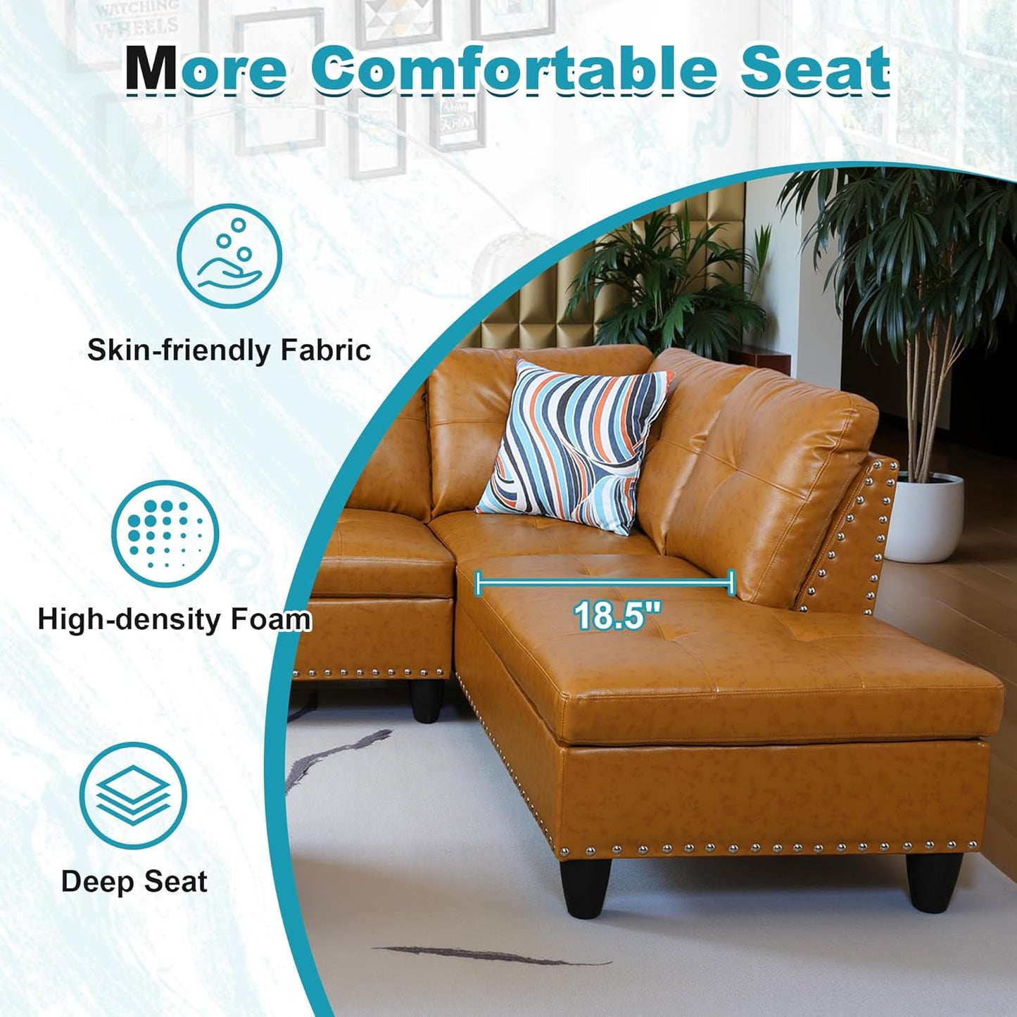 97.5" Oversized Sectional Couch, L Shaped Couch with Storage Ottoman, Modern Modular Sofa with Deep Seat, Sectional Couches for Living Room and Office, Ginger (PU Leather)