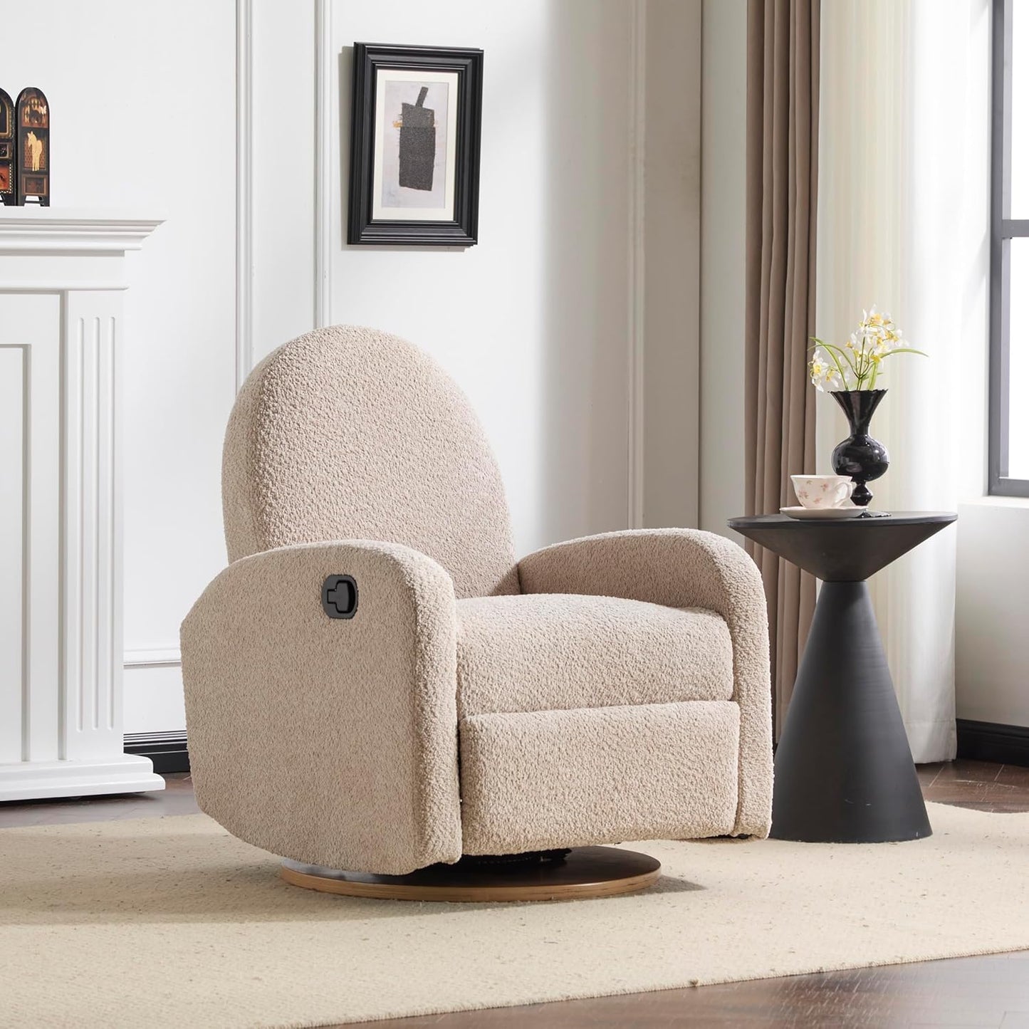 Christopher Knight Home Sidney Fabric Upholstered 360° Swivel Chair, Boucle Push-Back Recliner, Solid Wood Glider Recliner with Rotation, Living Room Single Lounge Sofa, Almond Beige