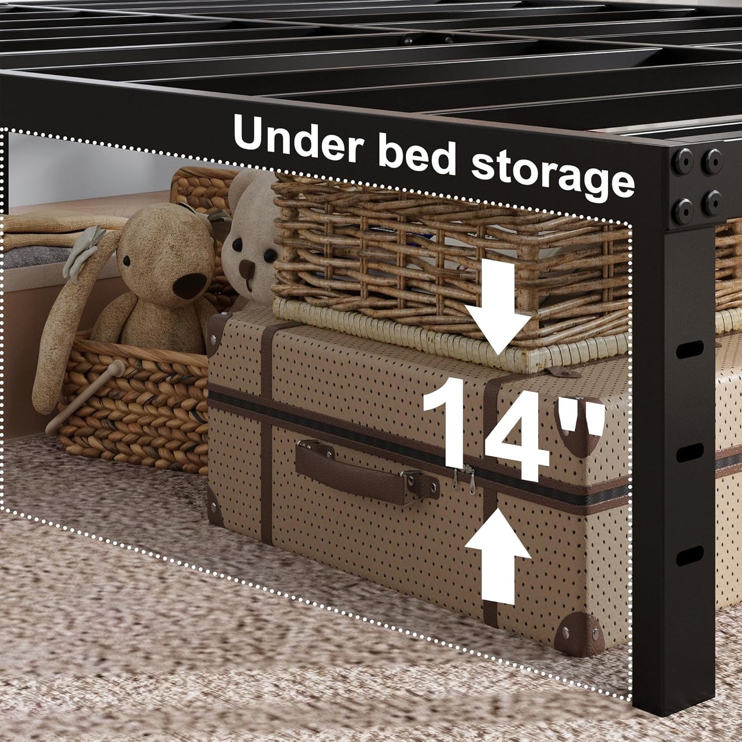 16 Inch Queen Bed Frame with White Skirt Cover, Metal Bed Frame Queen Size with Storage, No Box Spring Needed, Heavy Duty, Easy Assembly, Noise Free, Mattress Foundation