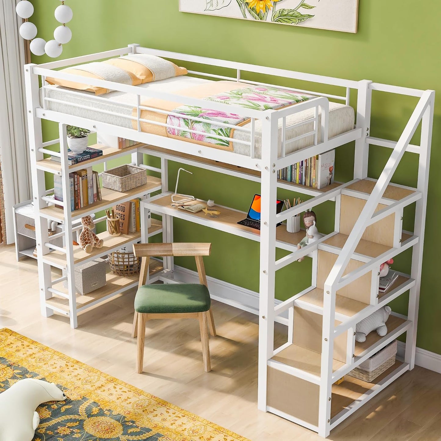 Twin Size Metal Loft Bed with Staircase,Full-Length Guardrails,a Built-in Desk and a 3-Tier Shelf,No Box Spring Needed,Noise Free,for Juniors&Adults,White