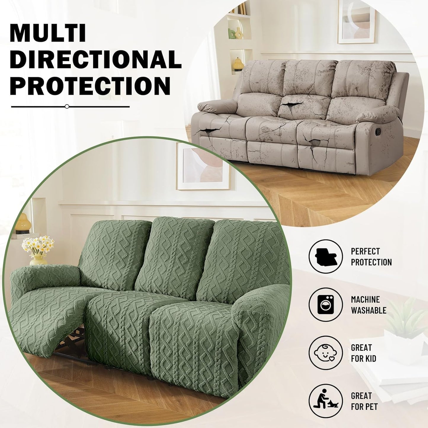 vctops 8 Pieces Geometric Jacquard Plush Recliner Sofa Covers Soft Fuzzy Fluffy 3 Seats Couch Cover Anti-Slip Sofa Slipcover Furniture Protector with Elastic Bottom for Kids Pet(Green,3 Seat)