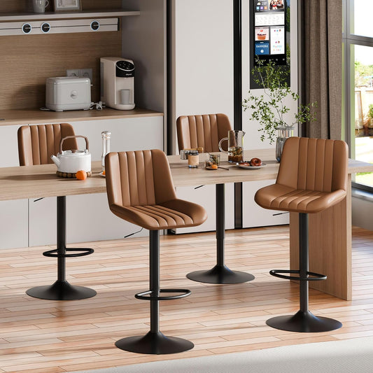 Shintenchi Swivel Bar Stools Set of 4, Adjustable Faux Leather Upholstered Swivel Counter Stools, Armless Bar Height Island Chairs with Back and Footrest, Brown
