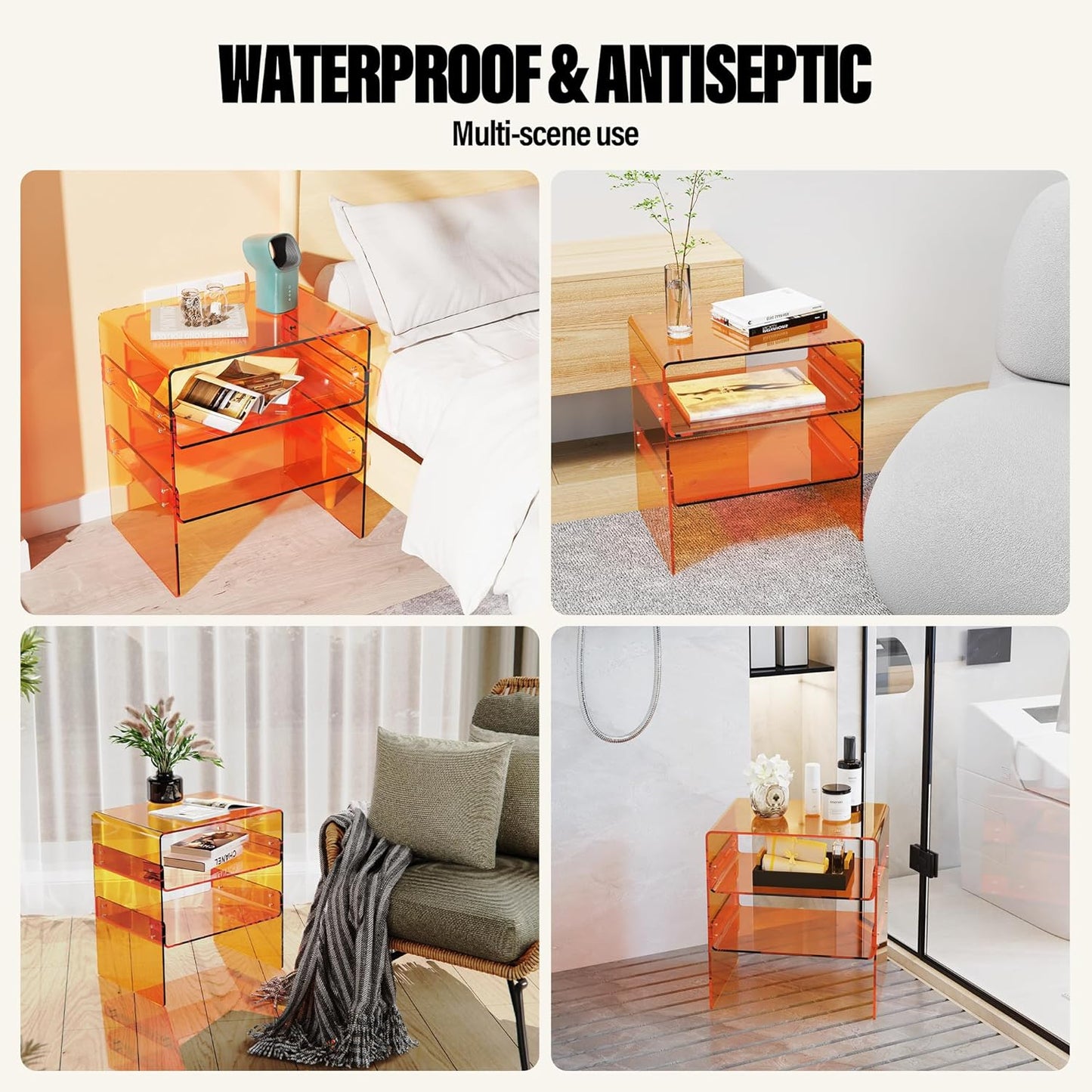 Acrylic 2-Tier Side Table with Storage Mini Modern End Table/Nightstand with Double Shelves for Bedroom, Living Room, and Bathroom Easy Assembly Orange