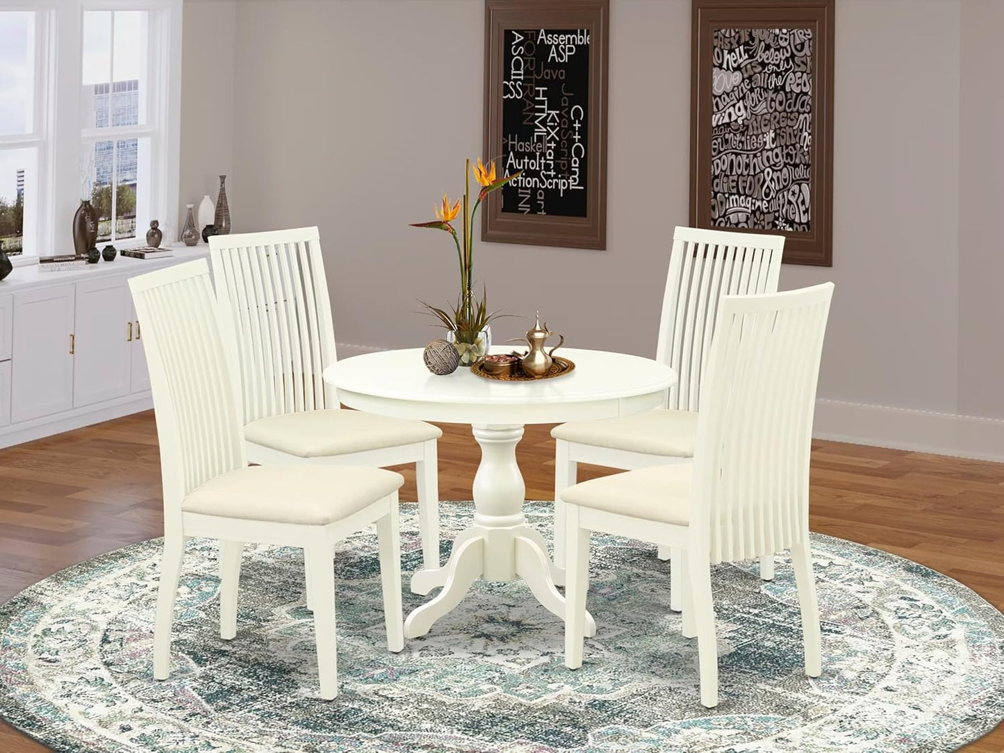 East West Furniture HBIP5-LWH-C 5 Piece Dining Set Includes a Round Dining Table with Pedestal and 4 Linen Fabric Kitchen Room Chairs, 42x42 Inch, Linen White