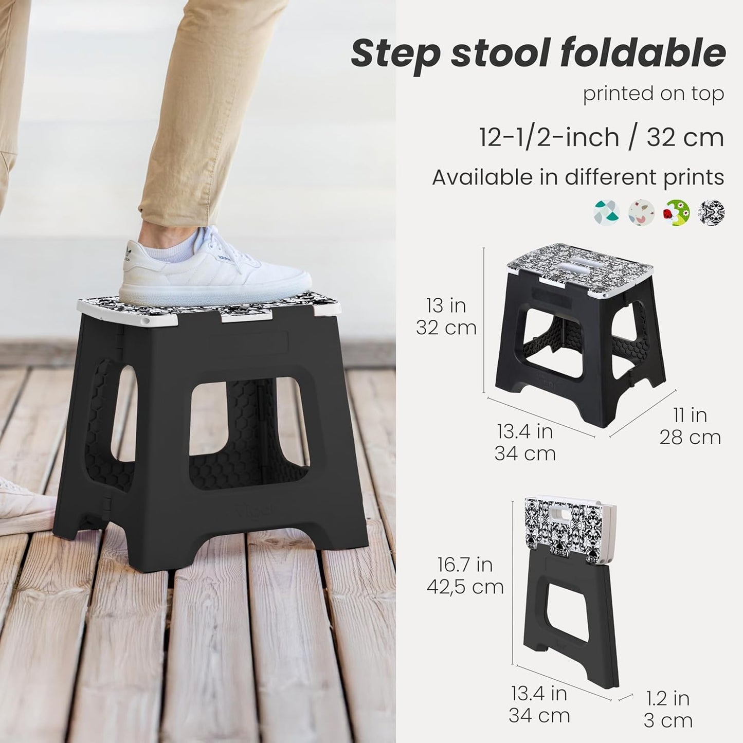 Vigar Compact Step Stool Foldable, 12-1/2-inch Step Stools for Adults up to 330 Pound, Lightweight Stool, Non-Slip Folding Step Stool, Rococco Black