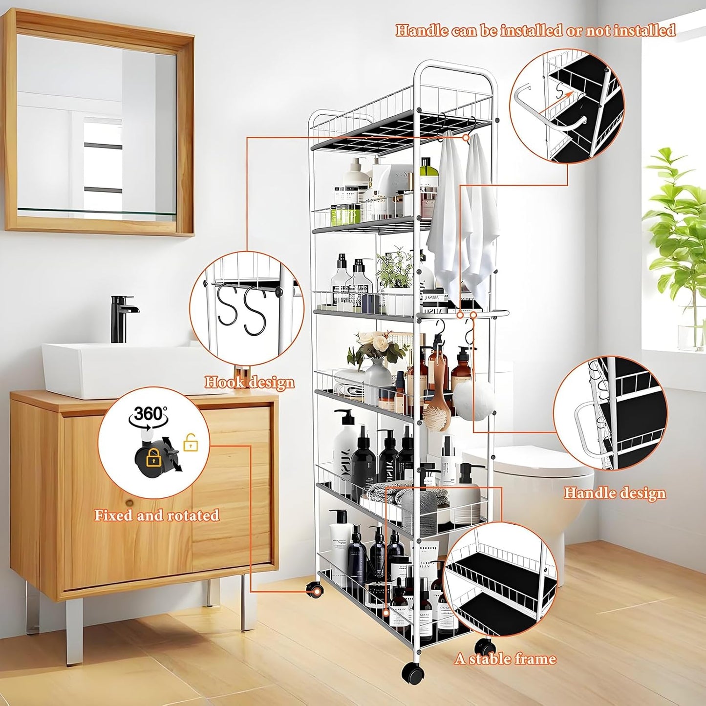 6 Tier 10in Slim Rolling Storage Cart with Handle, White Mobile Shelving Unit with Wheels, Metal Wire Storage Rack with Baskets for Kitchen Bathroom Office Laundry Narrow Piaces