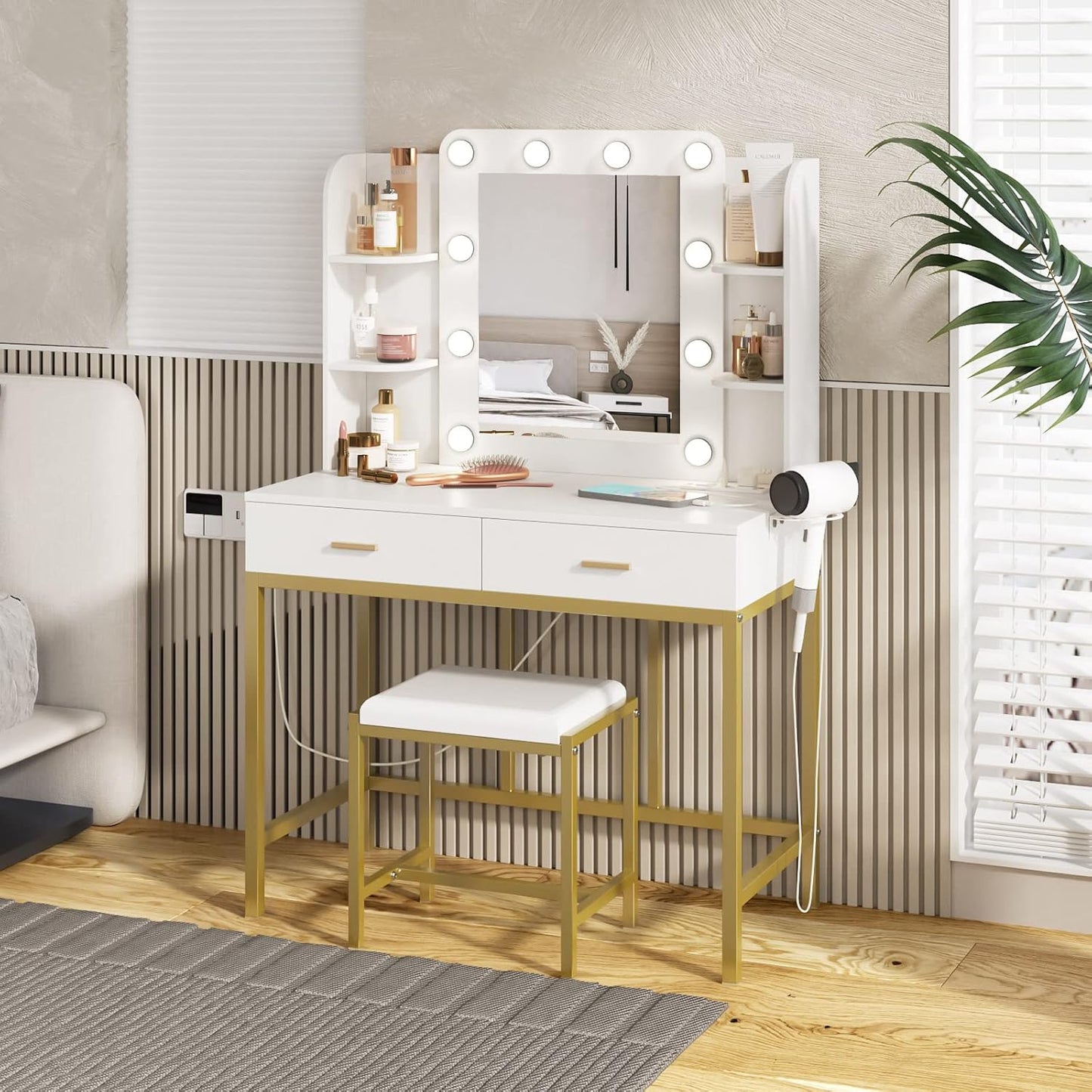 Vabches Vanity Desk with Mirror and Lights, with Charging Station,Makeup Vanity Table Set with Lighted Mirror, with 3 Lighting Modes and 2 Drawers&Cushioned Stool for Bedroom