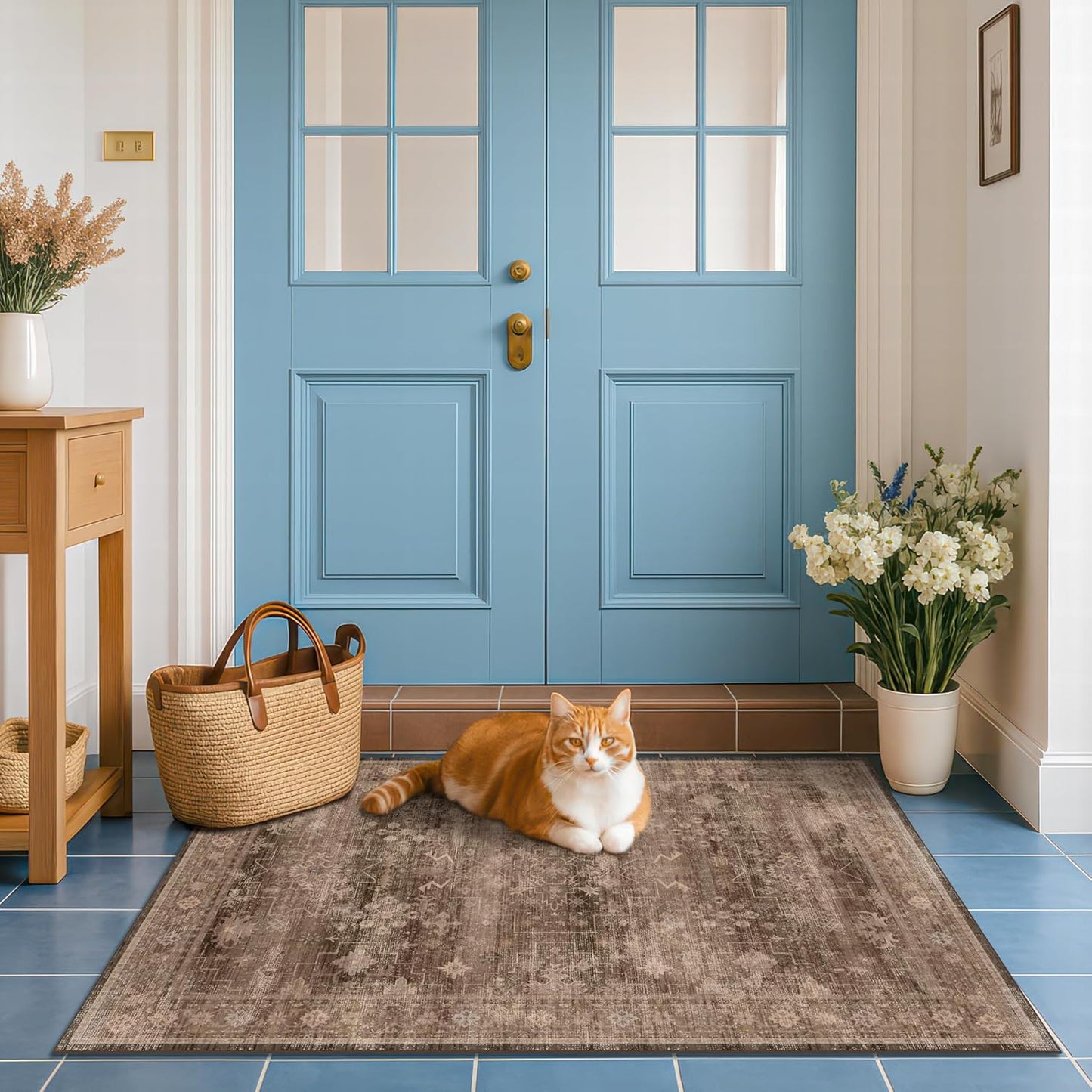 Brown Boho Washable 3x6 Large Kitchen Runner Rug, Indoor Entryway Home Office Floor Rug, Non-Slip Stain & Fade Resistant, Vintage Dark Neutral Floral Decor