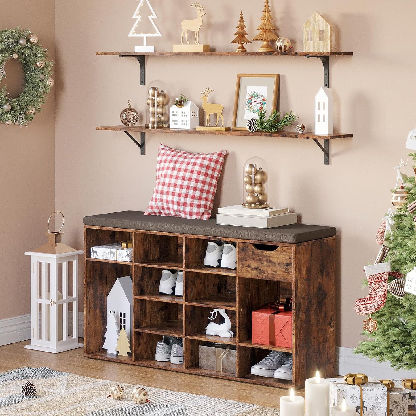 DINZI LVJ Shoe Bench, Entryway Storage Bench with Drawer and 15 Cubbies, Cubby Shoe Rack with Adjustable Shelves, Shoe Organizer Cabinet for Living Room, Bedroom, Mudroom and Garage, Rustic Brown