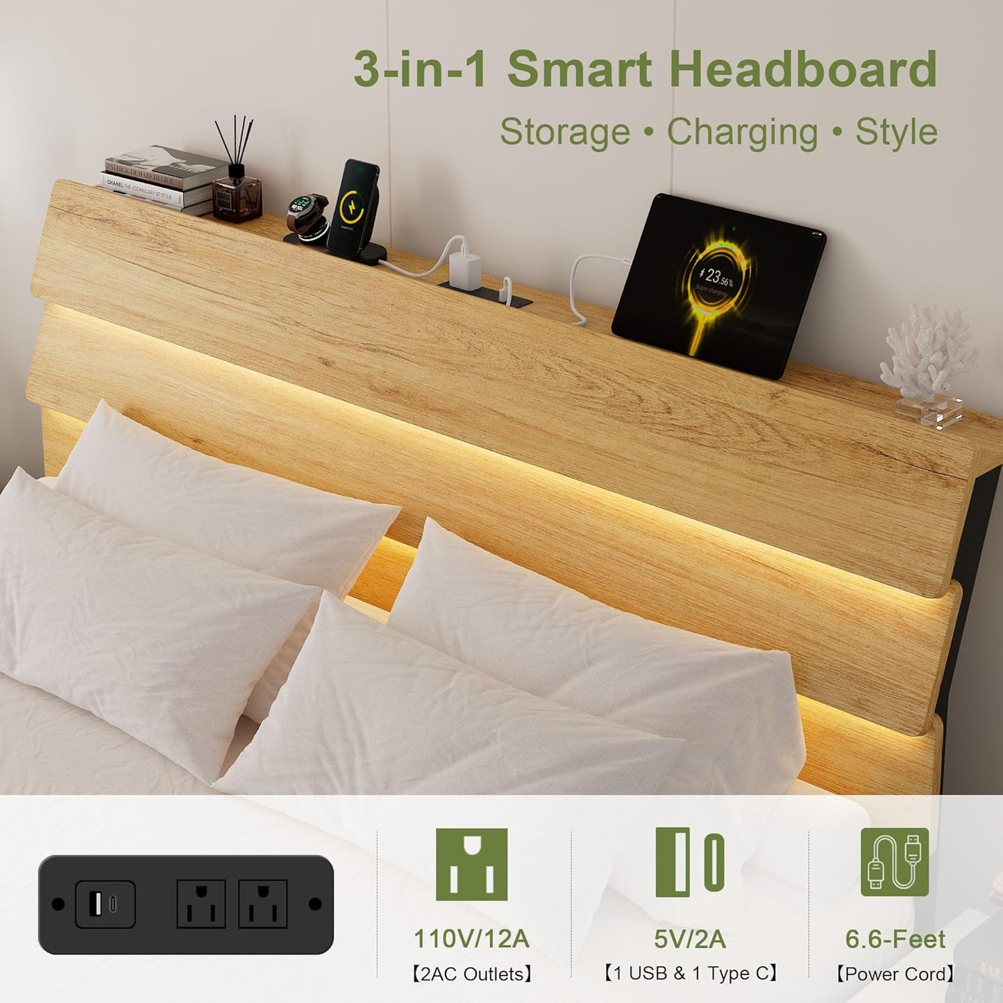 Feonase Floating Bed Frame King with Led Lights and Charging Station, Wood Full Size Bed Frame with Storage Headboard, Heavy Duty Metal Slats, No Box Spring Needed, Easy Assembly,Oak