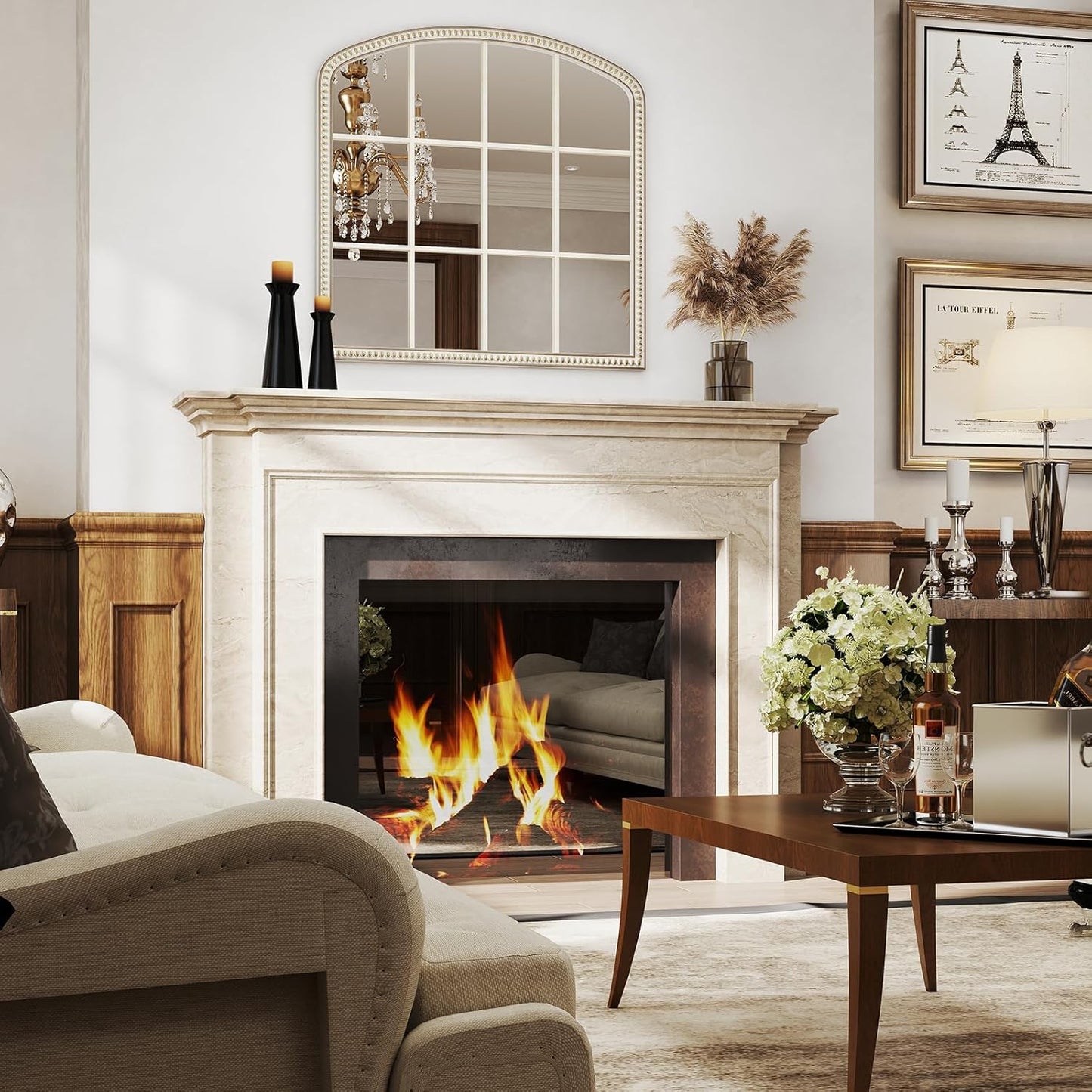 36''x36'' Wooden Wide Arched Mirrors for Wall with Window Girds, Large Farmhouse Decorative Mirror for Living Room, Entryway, Hallway, Fireplace, Bathroom