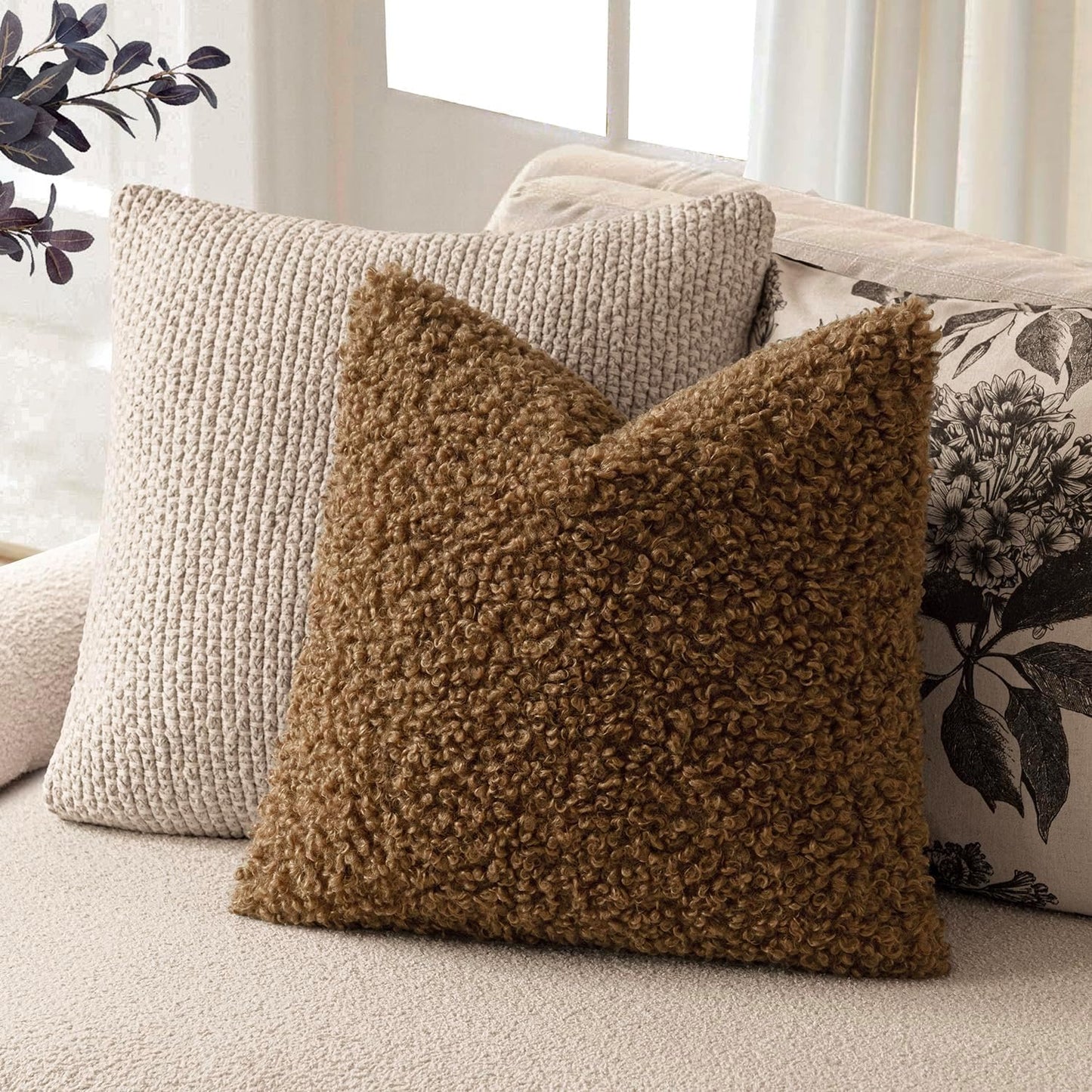 Foindtower 2 Pieces 16x16 Inch Dark Bronze, Faux Fur Throw Pillow Cover Accent Sherpa Furry Pillow Covers Fuzzy Soft Pillowcases Cozy Sheepskin Decorative Fleece Cushion Case for Bed Couch Living Room