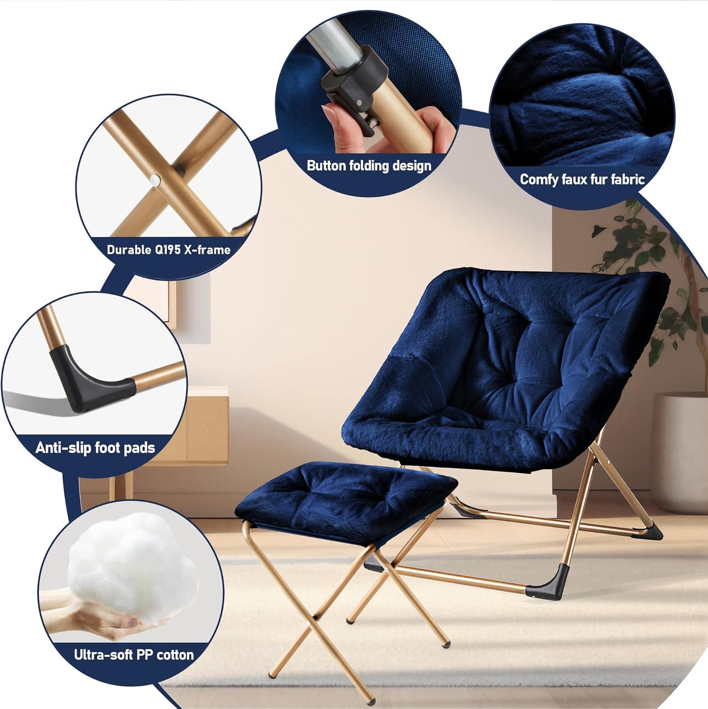 Comfy Oversized Saucer Chair with Ottoman,Soft Faux Fur Reading Lounge Chair for Adults,Stable X-Large Metal Frame and Non-Slip Pad,Cozy Chair for Bedroom, Living Room, Dorm, Office, Blue