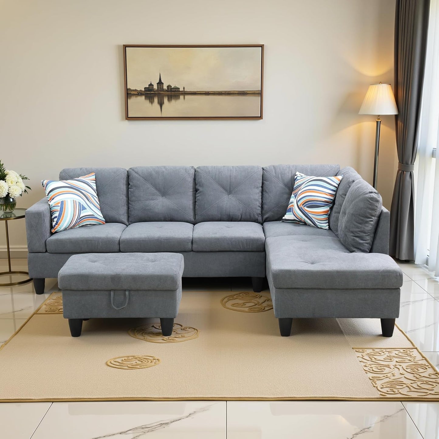 Couches for Living Room Modern L Shaped Couch Comfy Flannelette Fabric 3 Pieces Sectional Sofa with Chaise, Ottoman with Storage for Office and Small Apartment, Dark Grey