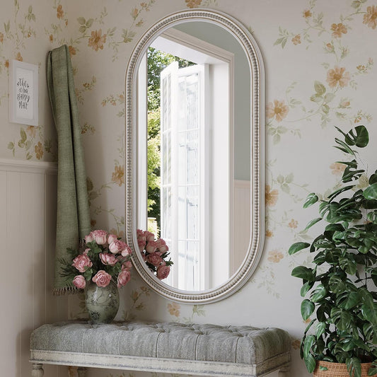 Boho Oval Mirror, 24" x 48" White Beaded Tall Farmhouse Mirrors Antique Oval Bathroom, Wooden Rustic Decorative Mirror for Wall, Bedroom, Dining Room, Hallway