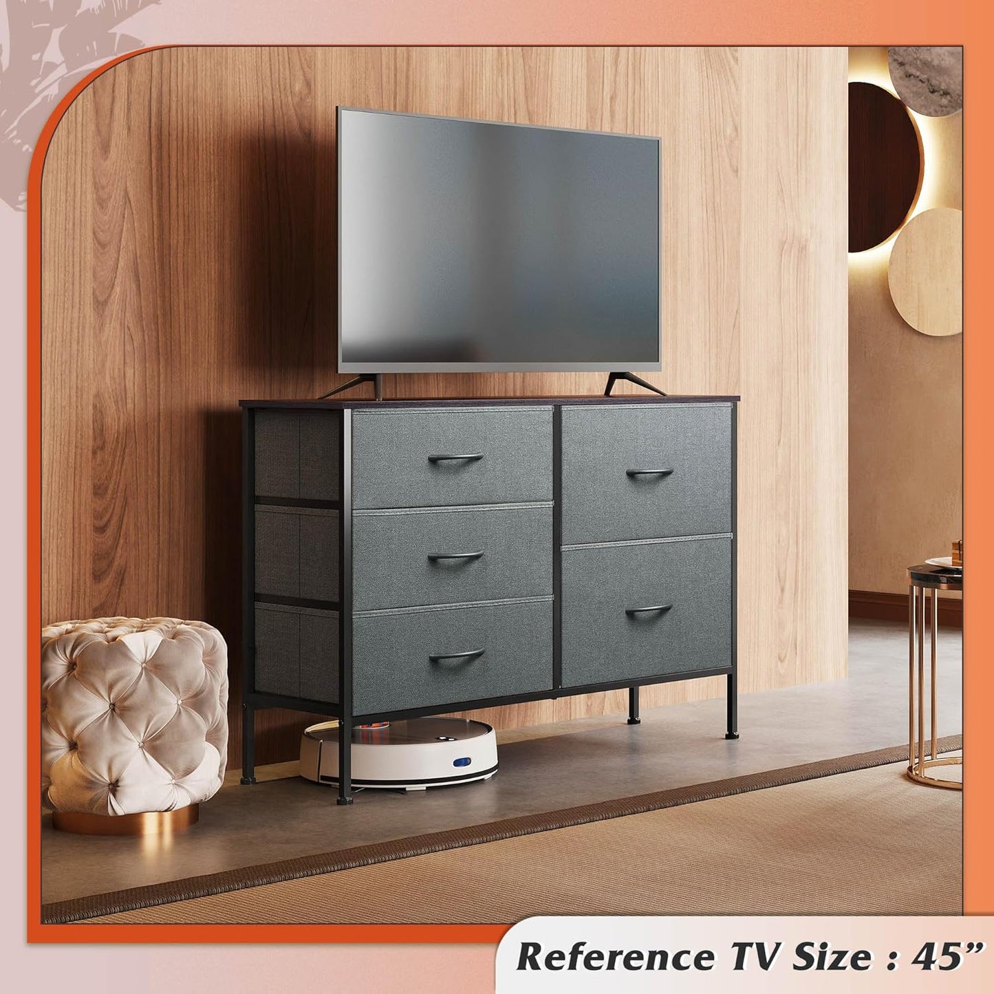 WLIVE Dresser for Bedroom with 5 Drawers, Wide Bedroom Dresser with Drawer Organizers, Chest of Drawers, Fabric Dresser for Living Room, Closet, Hallway, Dark Grey